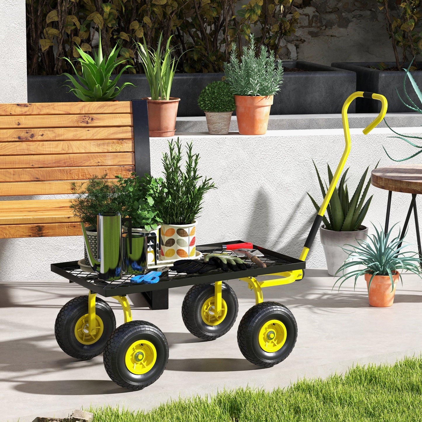 Heavy Duty Garden Wagon Cart, Utility Wagon Cart with Metal Frame, 10" Wheels and 180° Rotating Handle, 330 lbs Capacity, for Garden, Beach, Lawn, Yellow