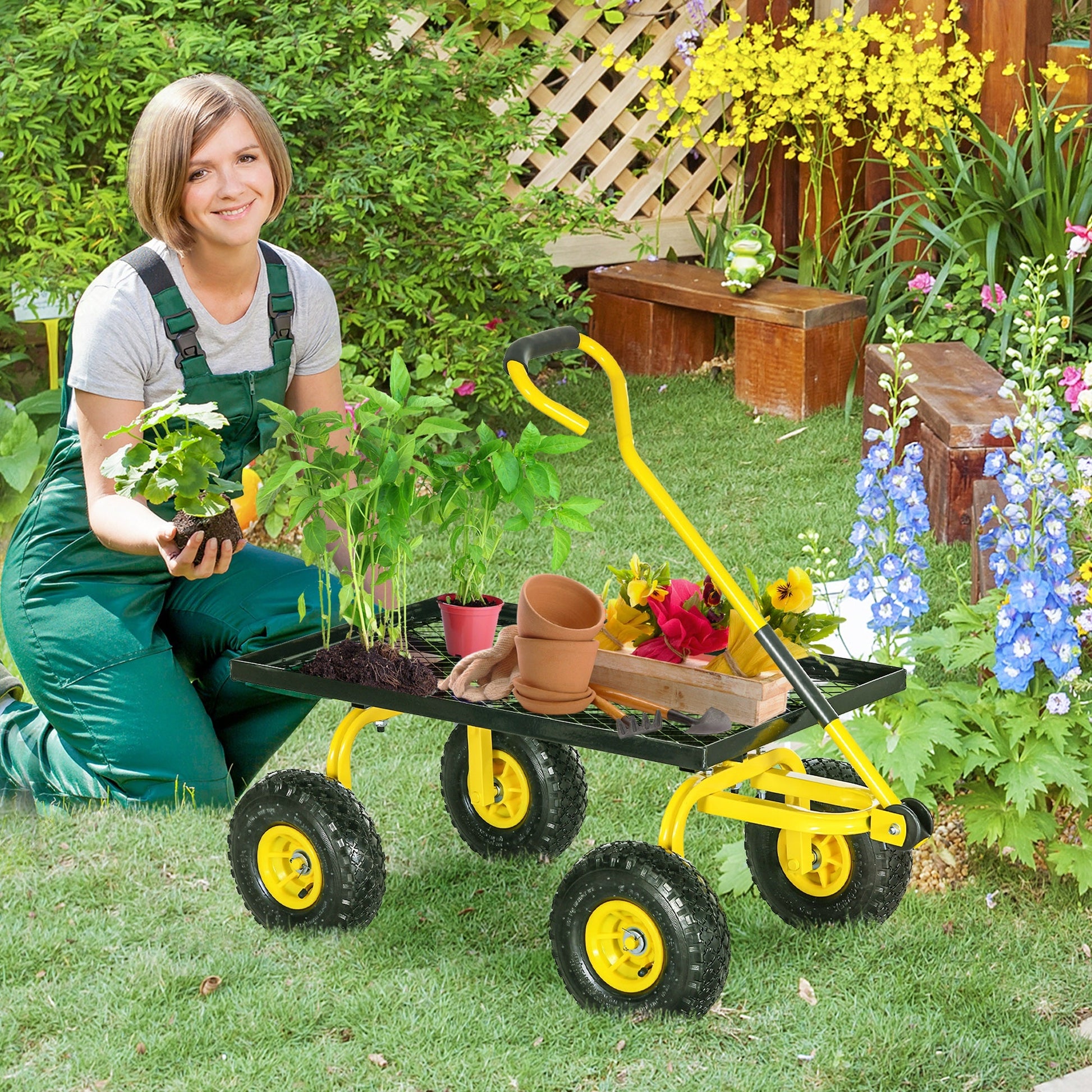Heavy Duty Garden Wagon Cart, Utility Wagon Cart with Metal Frame, 10" Wheels and 180° Rotating Handle, 330 lbs Capacity, for Garden, Beach, Lawn, Yellow