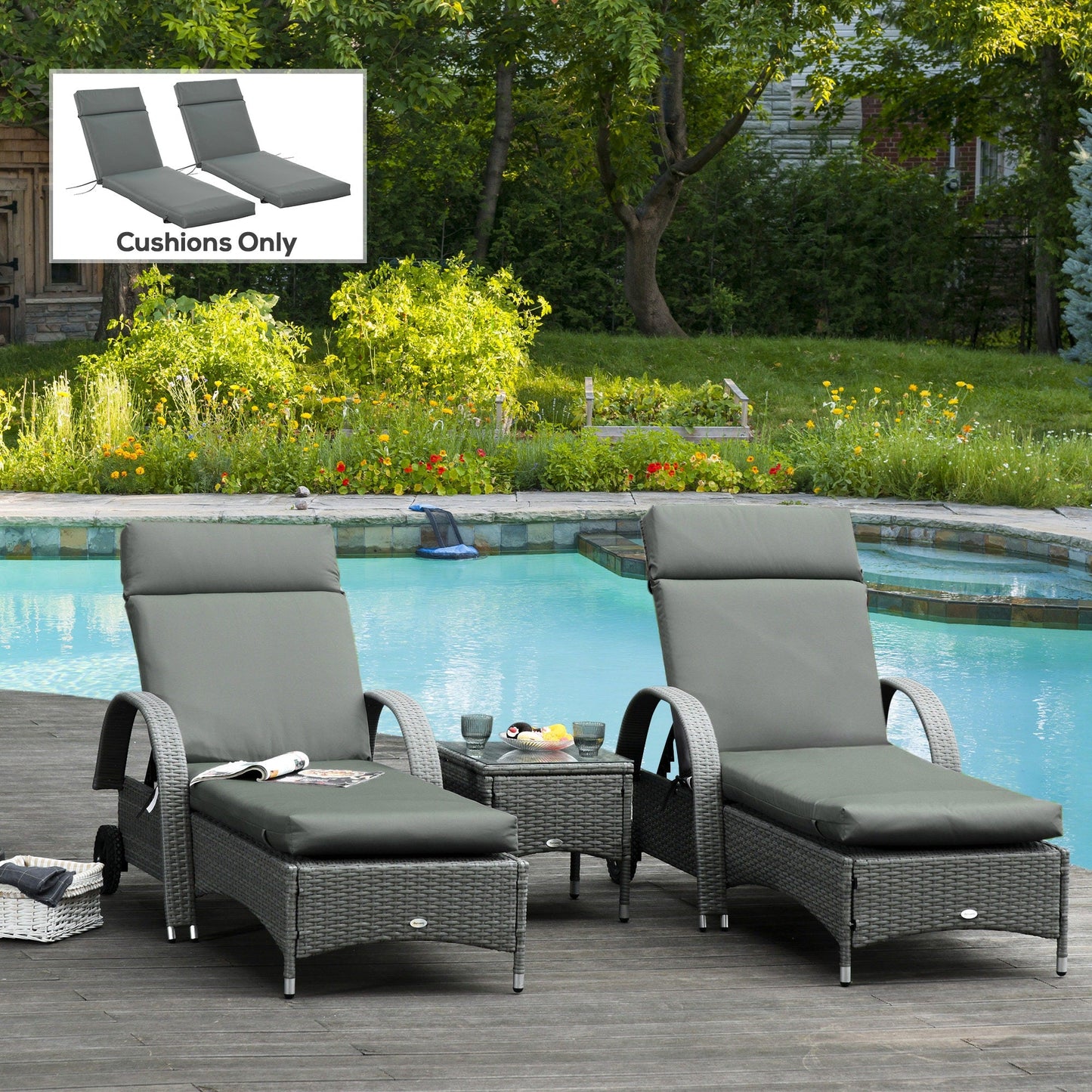 Outdoor Lounge Chair Cushion Set of 2, Non-Slip Chaise Lounge Cushions, Sun Lounger Pads for Indoor Outdoor, 77.2" x 21.7", Dark Grey