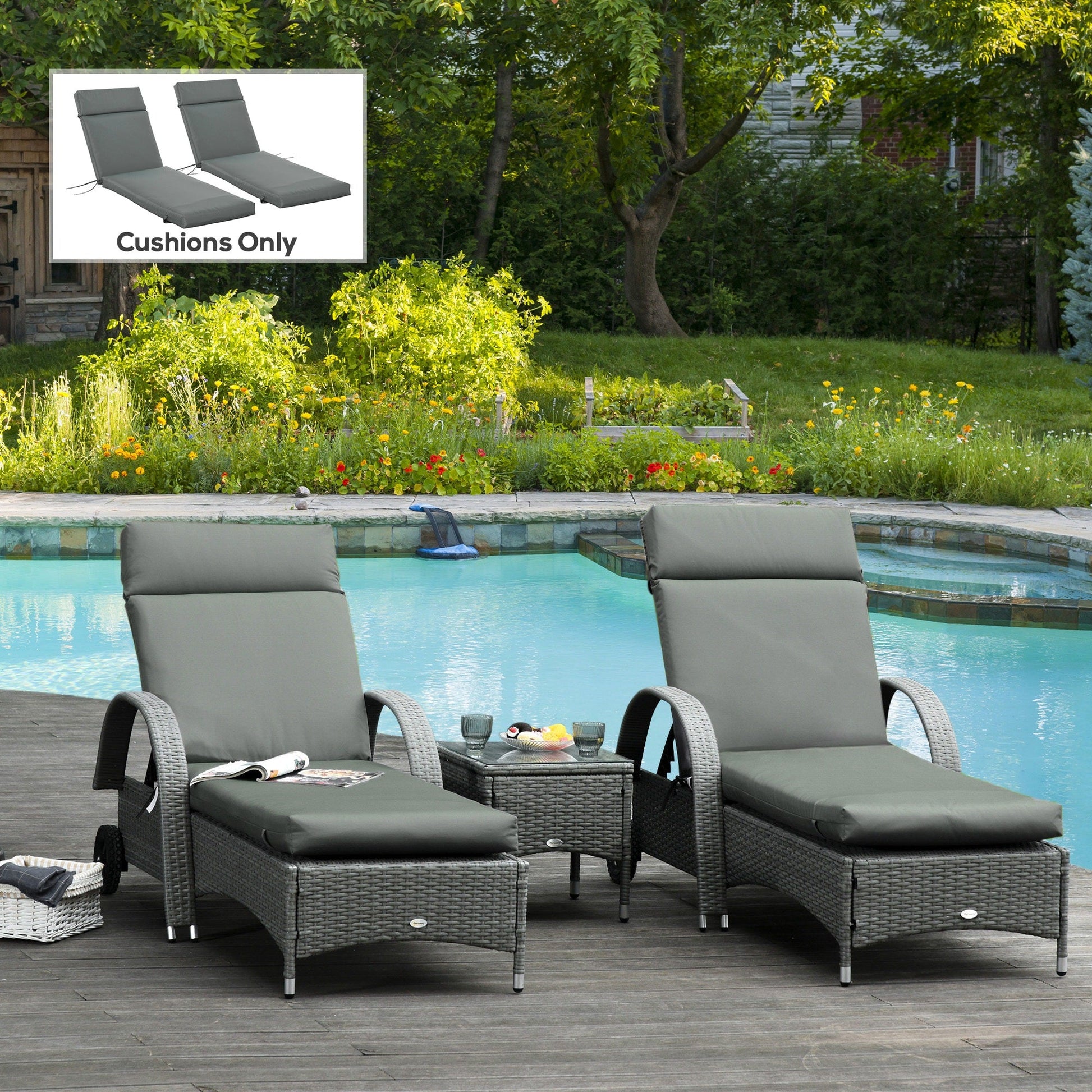 Outdoor Lounge Chair Cushion Set of 2, Non-Slip Chaise Lounge Cushions, Sun Lounger Pads for Indoor Outdoor, 77.2" x 21.7", Dark Grey