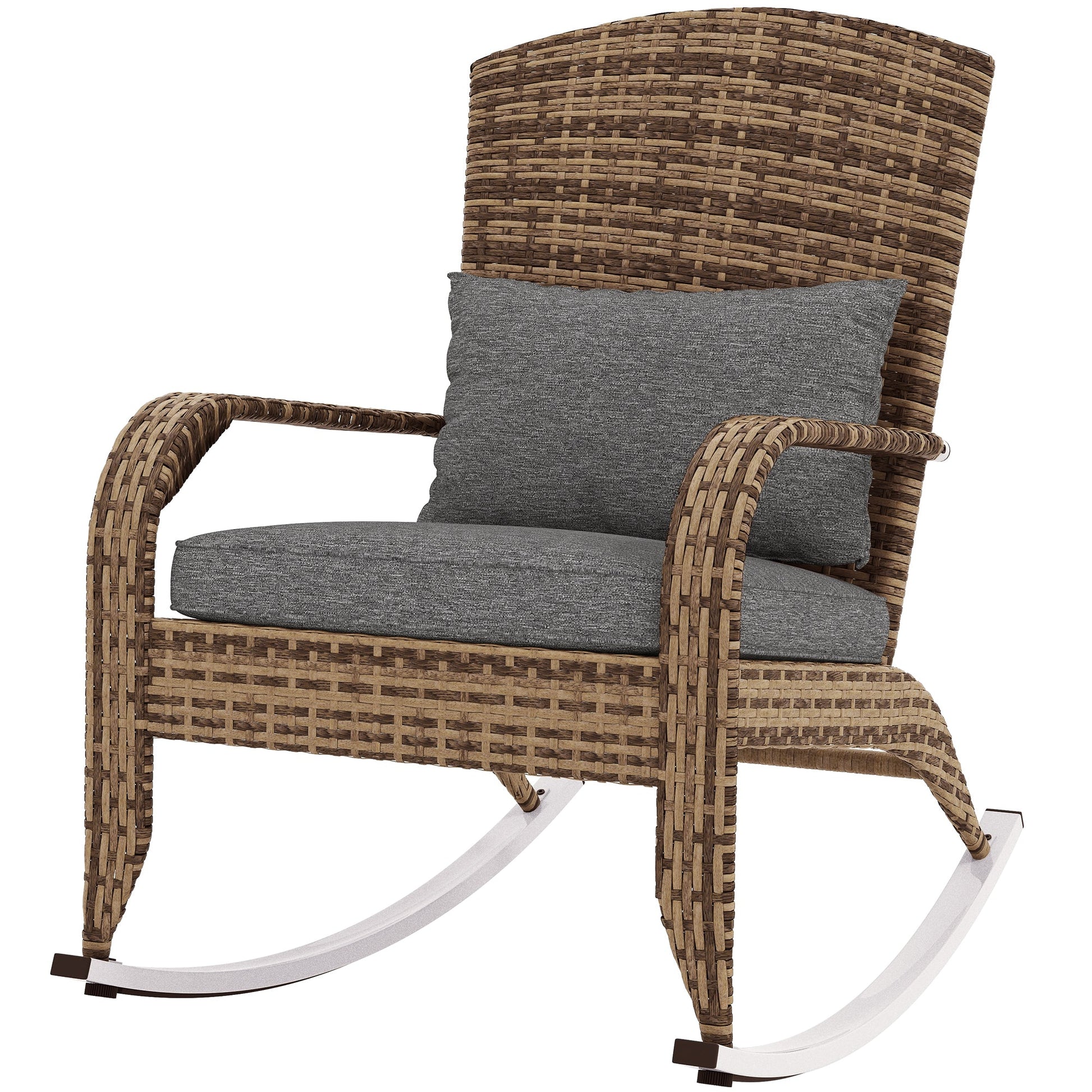 Outdoor Wicker Adirondack Rocking Chair, Patio Rattan Rocker Chair with High Back, Seat Cushion and Pillow for Garden, Porch, Balcony, Grey/Mixed Yellow