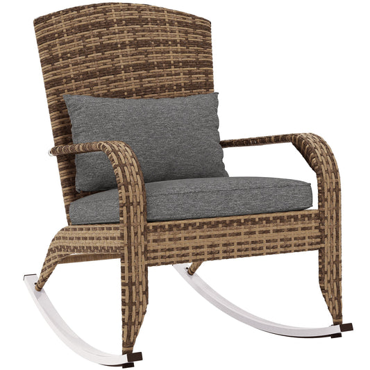 Outdoor Wicker Adirondack Rocking Chair, Patio Rattan Rocker Chair with High Back, Seat Cushion and Pillow for Garden, Porch, Balcony, Grey/Mixed Yellow