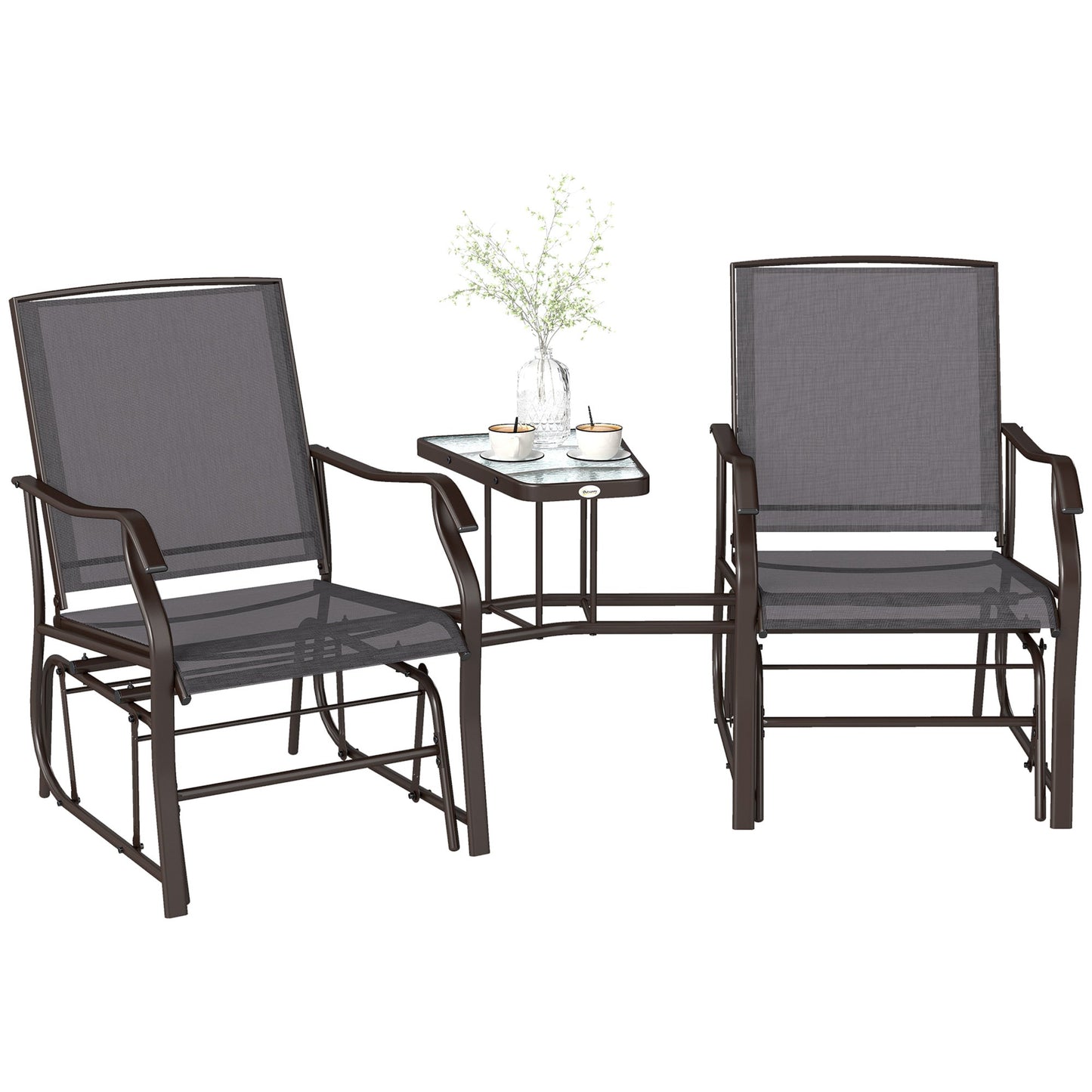 Double Patio Glider Chair with Glass Top Center Table, Outdoor Glider Loveseat with High Back,  All Weather Breathable Mesh Fabric for Garden, Backyard, Deck, Grey