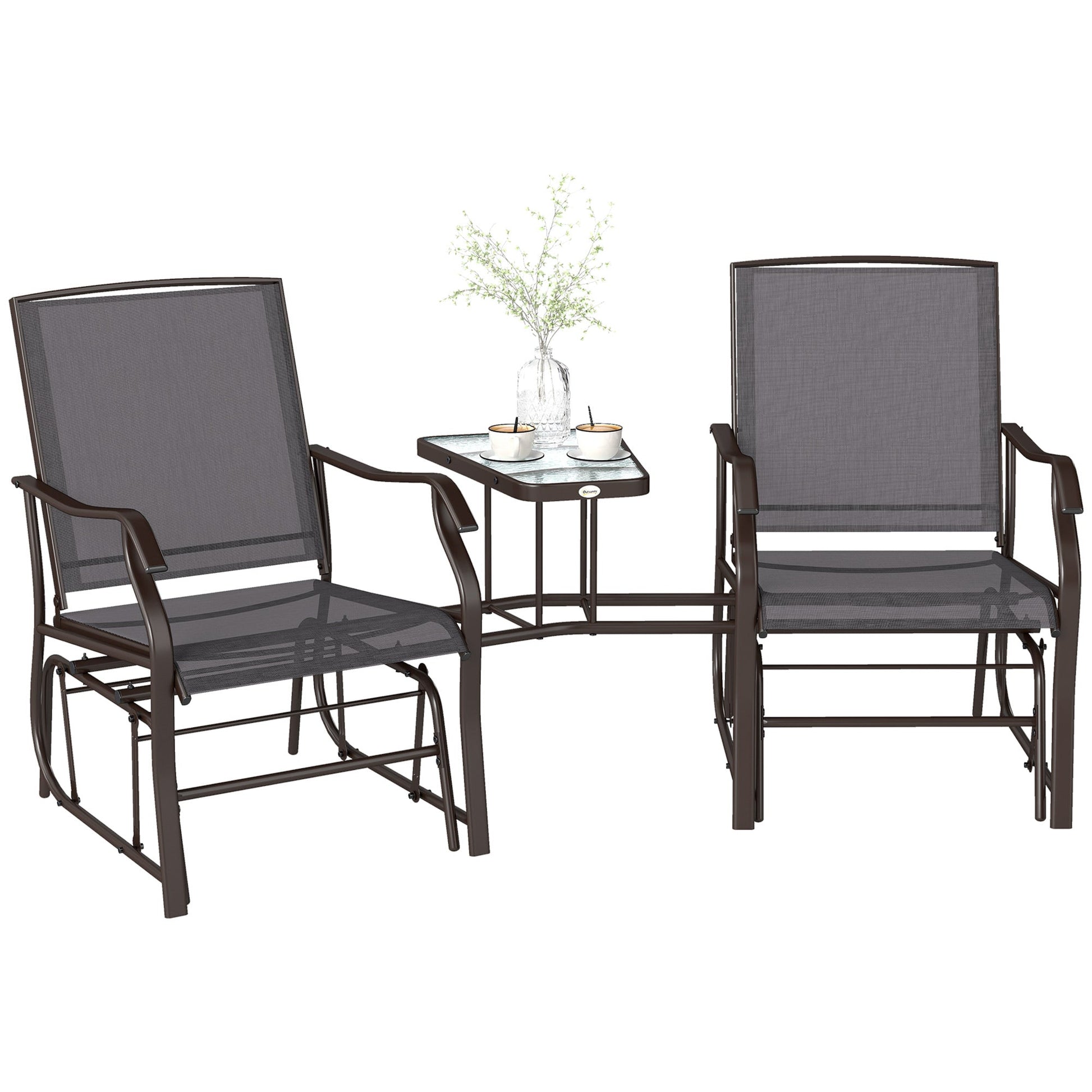 Double Patio Glider Chair with Glass Top Center Table, Outdoor Glider Loveseat with High Back,  All Weather Breathable Mesh Fabric for Garden, Backyard, Deck, Grey