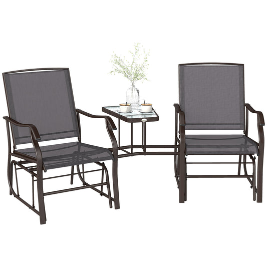 Double Patio Glider Chair with Glass Top Center Table, Outdoor Glider Loveseat with High Back,  All Weather Breathable Mesh Fabric for Garden, Backyard, Deck, Grey