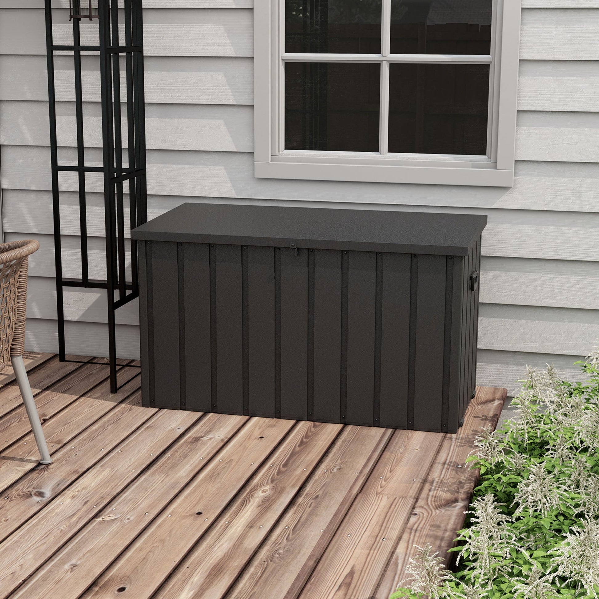 119 Gallon Deck Box, Outdoor Storage Box with Wheels and Handles, Lockable Galvanised Steel Outside Storage Container for Tools, Cushions, Dark Grey
