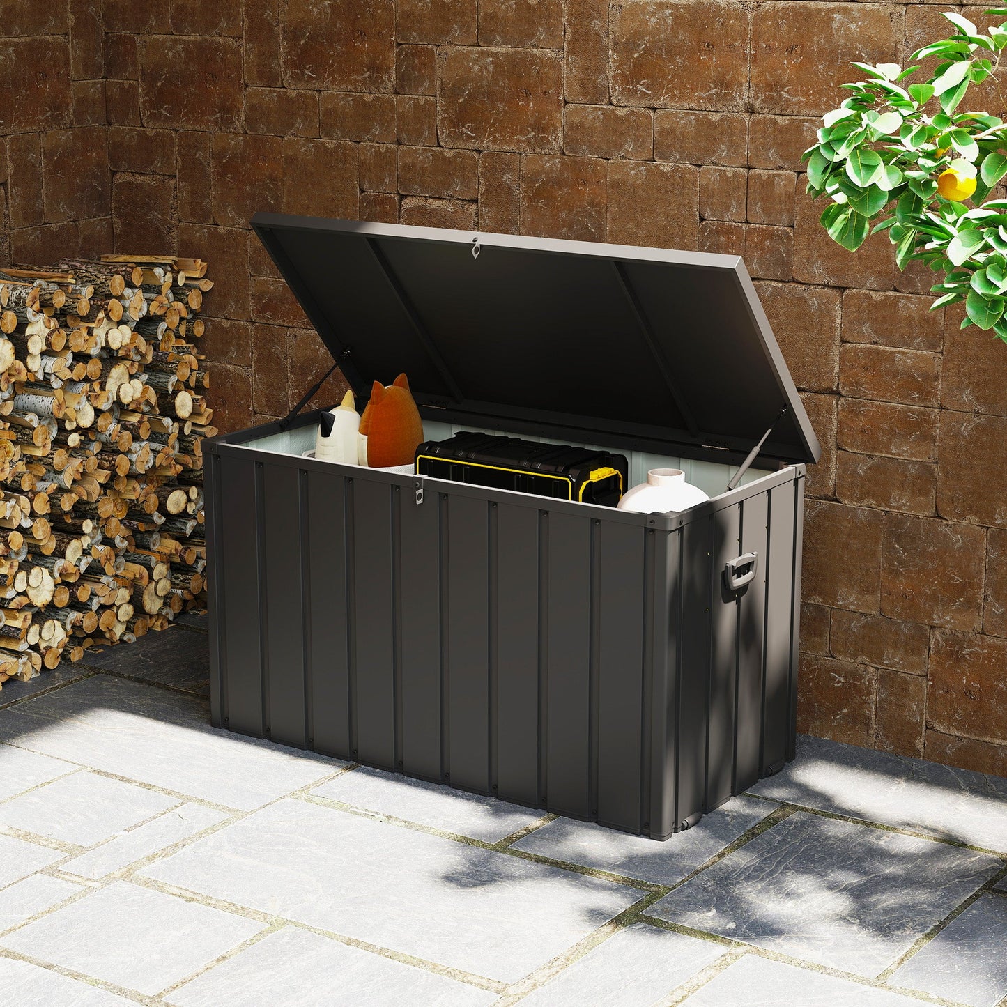 119 Gallon Deck Box, Outdoor Storage Box with Wheels and Handles, Lockable Galvanised Steel Outside Storage Container for Tools, Cushions, Dark Grey