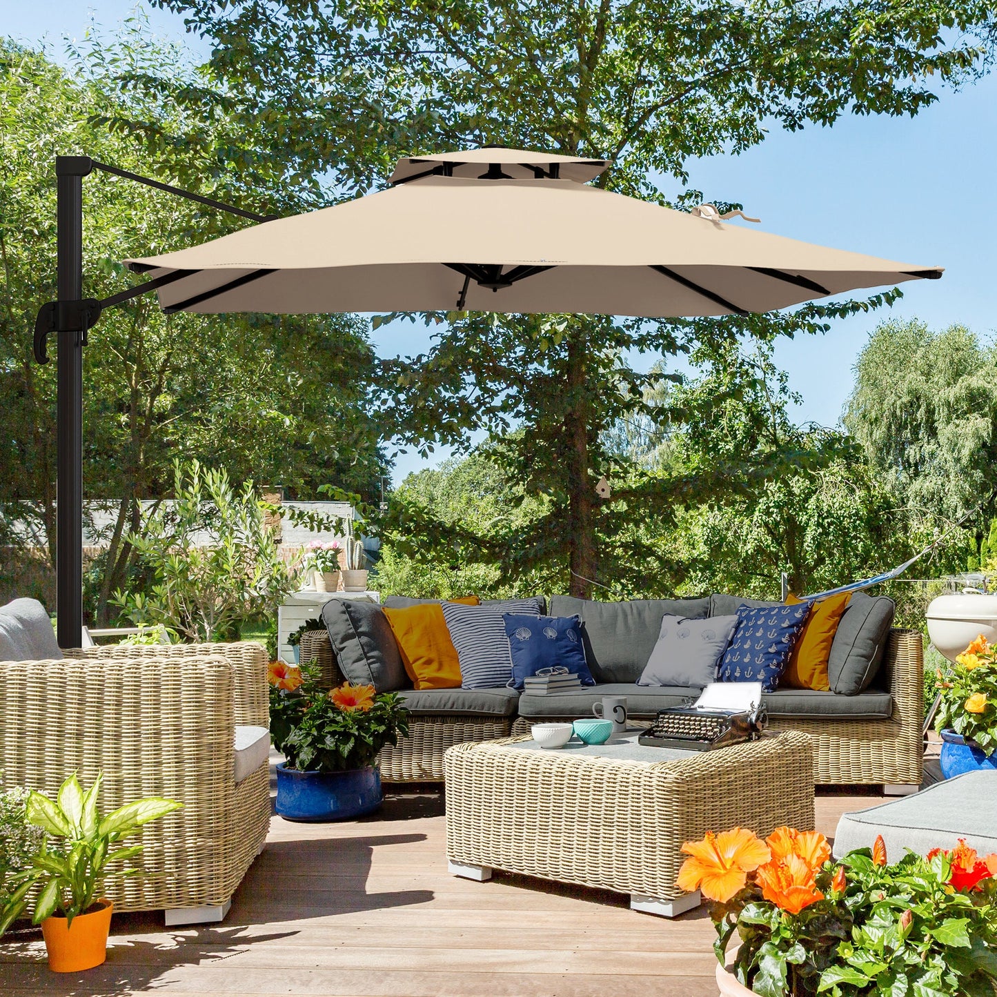 10ft Square Cantilever Patio Umbrella, 360° Rotating Overhanging Umbrella with Cross Base, Crank Handle, Double Canopy, 8 Ribs, 250gsm Polyester, Khaki