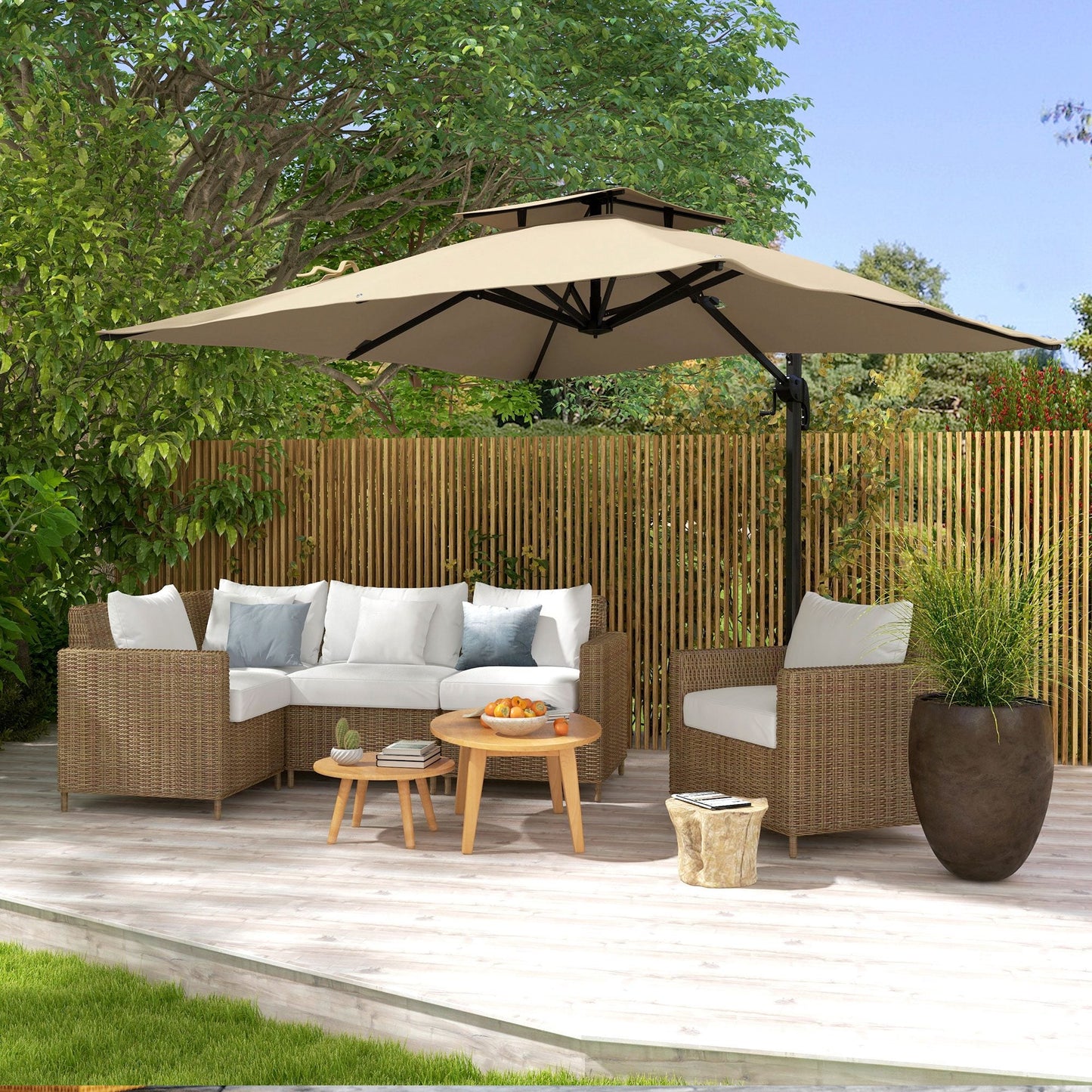 10ft Square Cantilever Patio Umbrella, 360° Rotating Overhanging Umbrella with Cross Base, Crank Handle, Double Canopy, 8 Ribs, 250gsm Polyester, Khaki