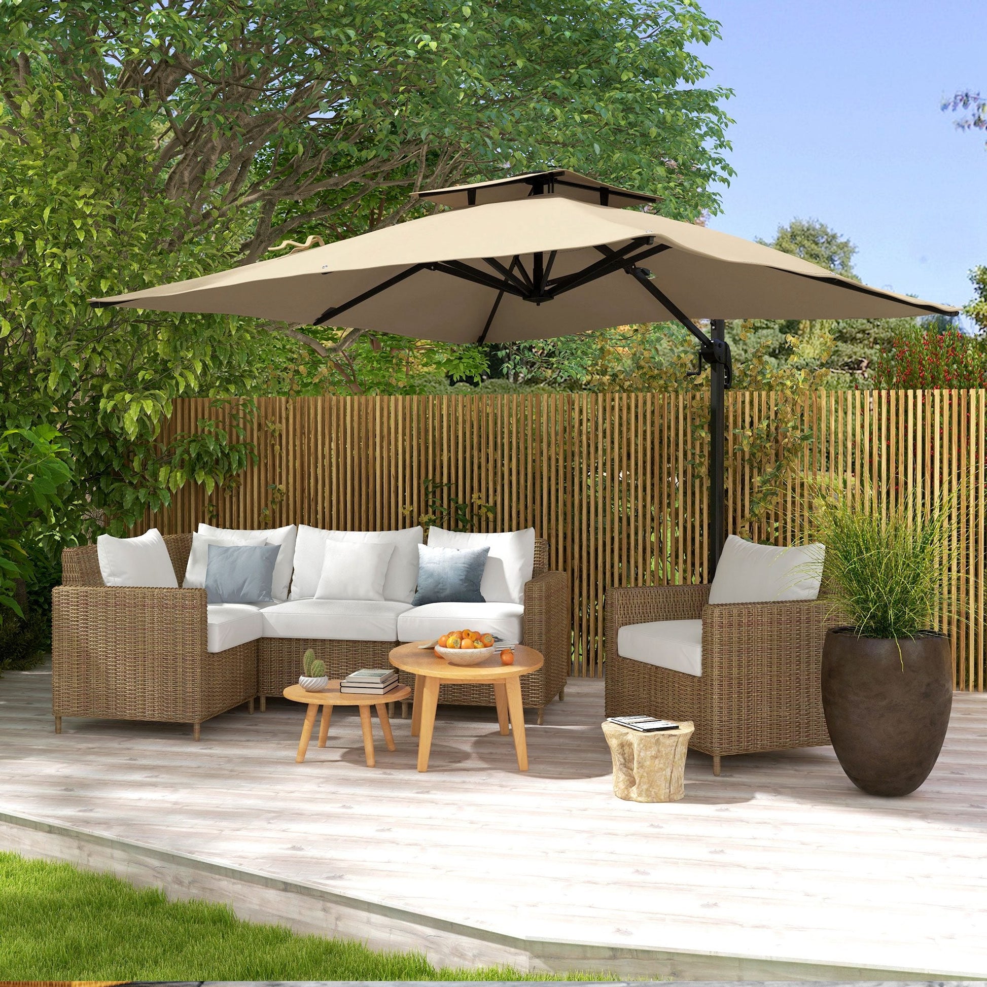 10ft Square Cantilever Patio Umbrella, 360° Rotating Overhanging Umbrella with Cross Base, Crank Handle, Double Canopy, 8 Ribs, 250gsm Polyester, Khaki