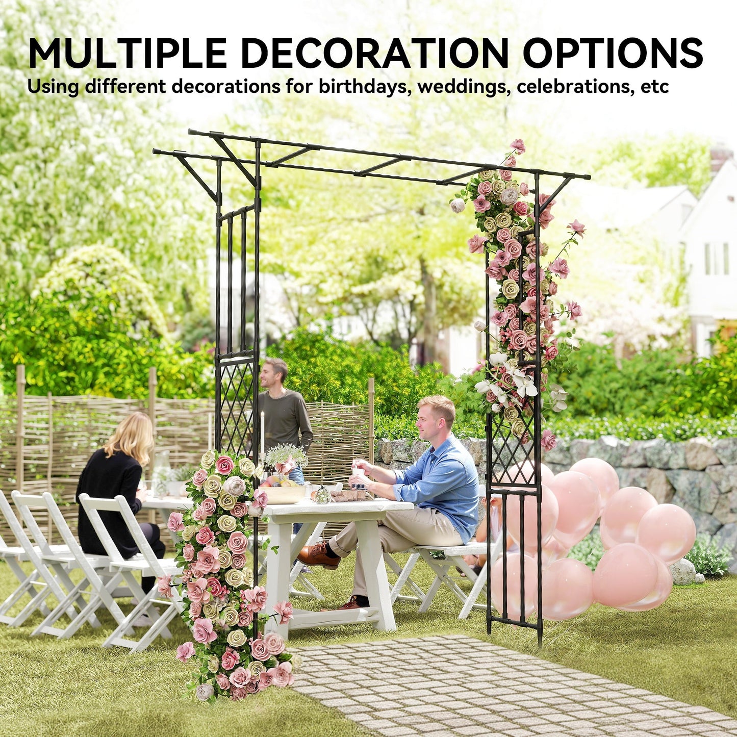 7.1ft Garden Arch, PE-Coated Steel Outdoor Trellis Arbor for Climbing Plants, Wedding Arch for Party Outdoor Garden Backyard, Black