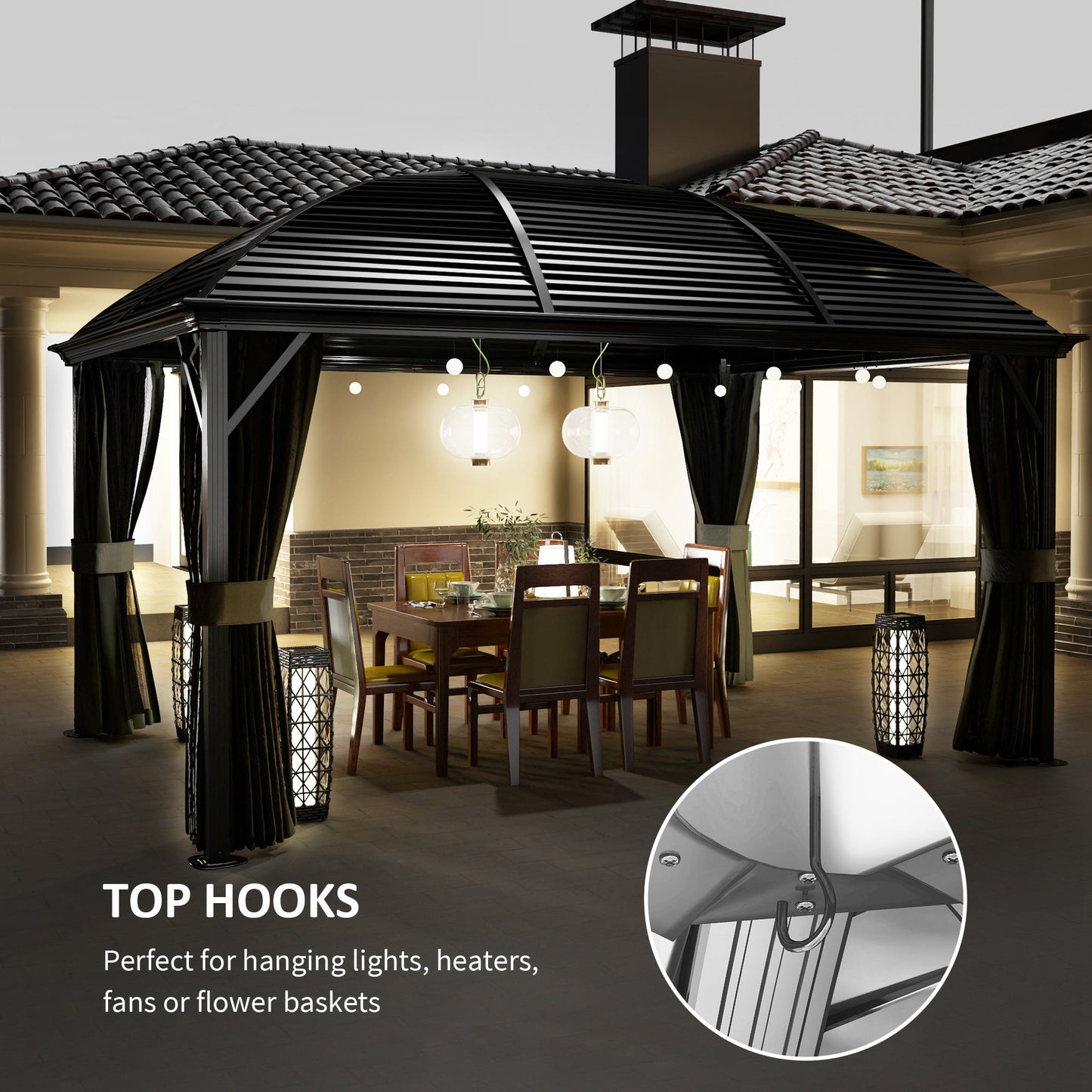 10' x 13' Hardtop Gazebo Canopy with Galvanized Steel Roof, Aluminum Permanent Pavilion Outdoor Gazebo with Top Hook, Netting and Curtains for Garden, Backyard, Dark Grey