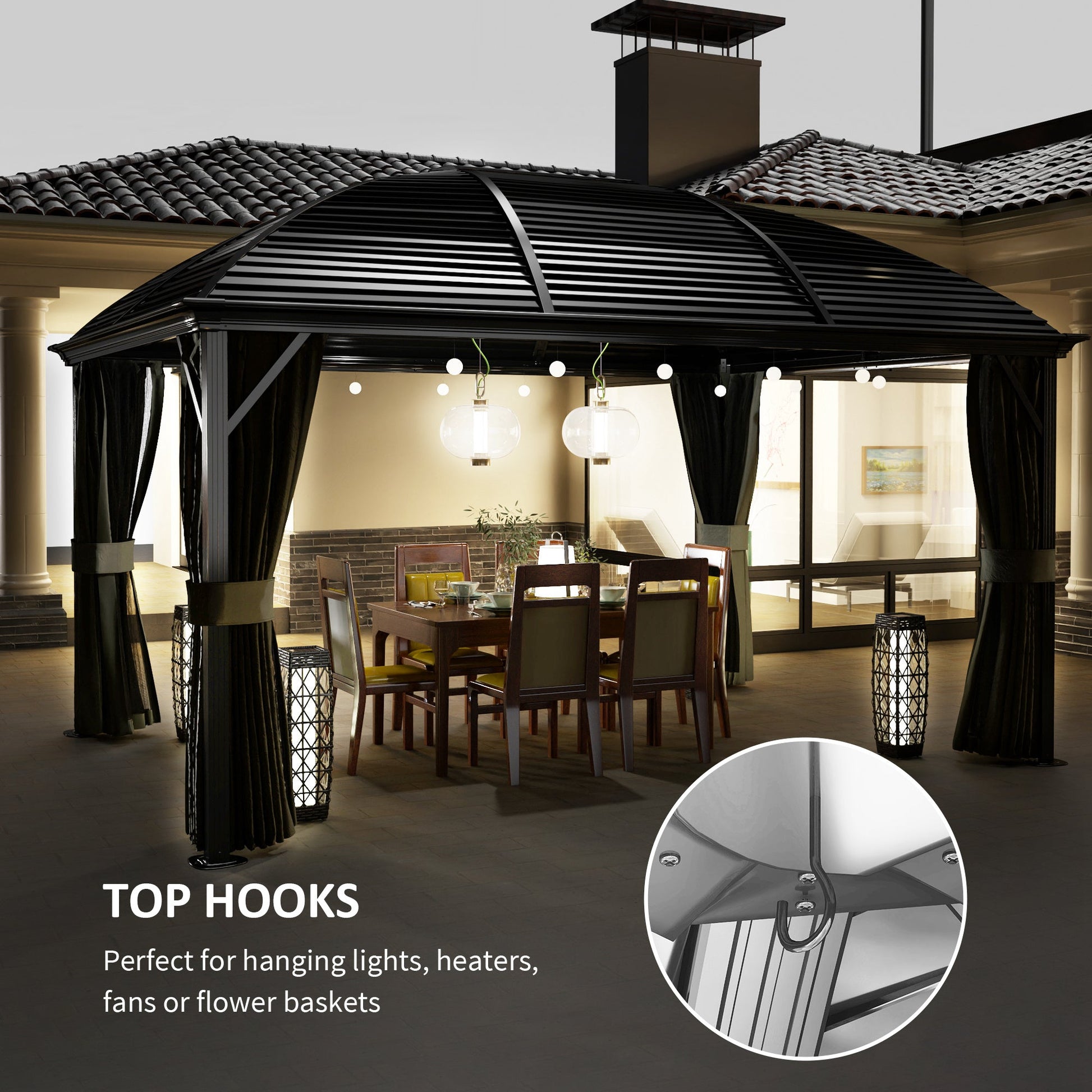 10' x 13' Hardtop Gazebo Canopy with Galvanized Steel Roof, Aluminum Permanent Pavilion Outdoor Gazebo with Top Hook, Netting and Curtains for Garden, Backyard, Dark Grey
