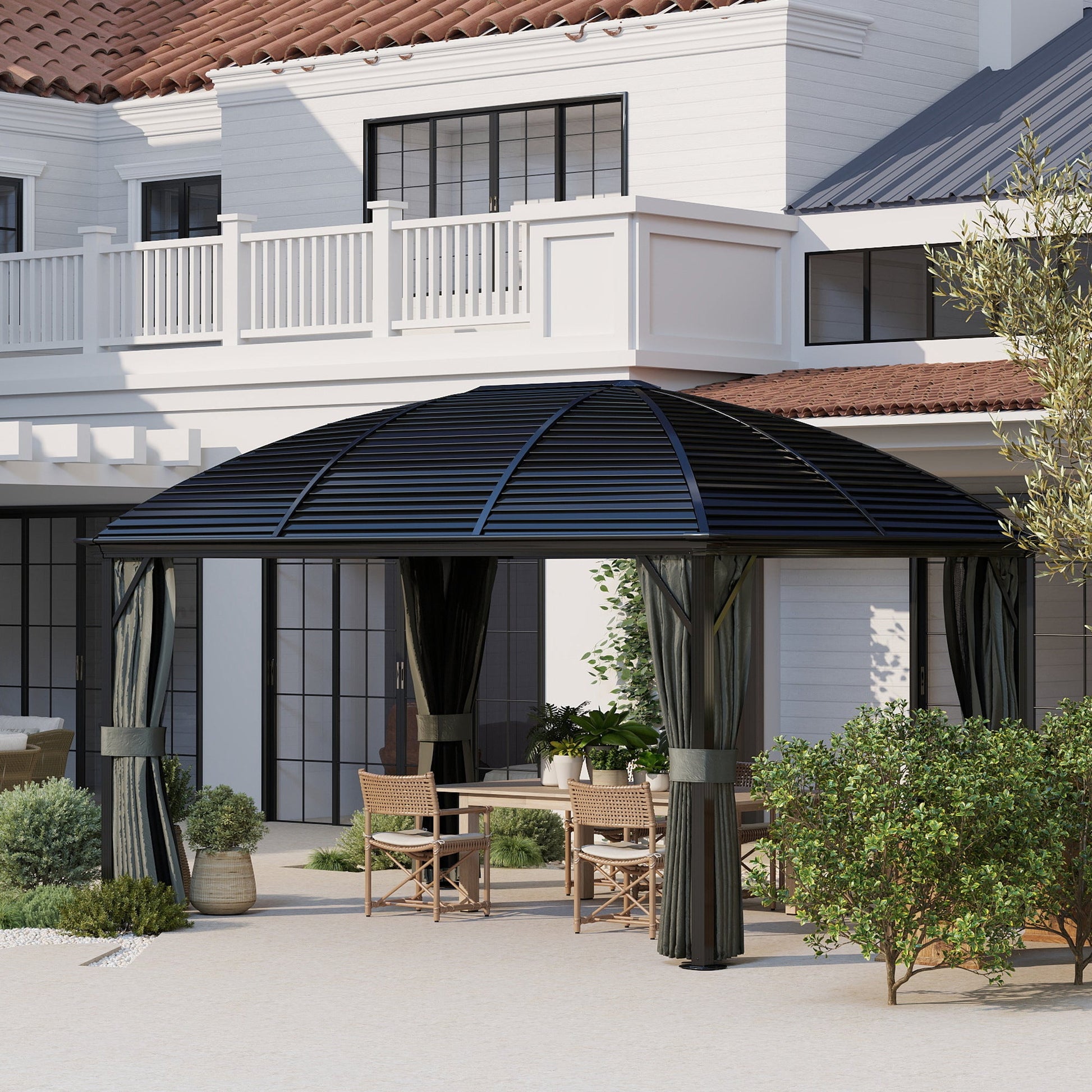 10' x 13' Hardtop Gazebo Canopy with Galvanized Steel Roof, Aluminum Permanent Pavilion Outdoor Gazebo with Top Hook, Netting and Curtains for Garden, Backyard, Dark Grey