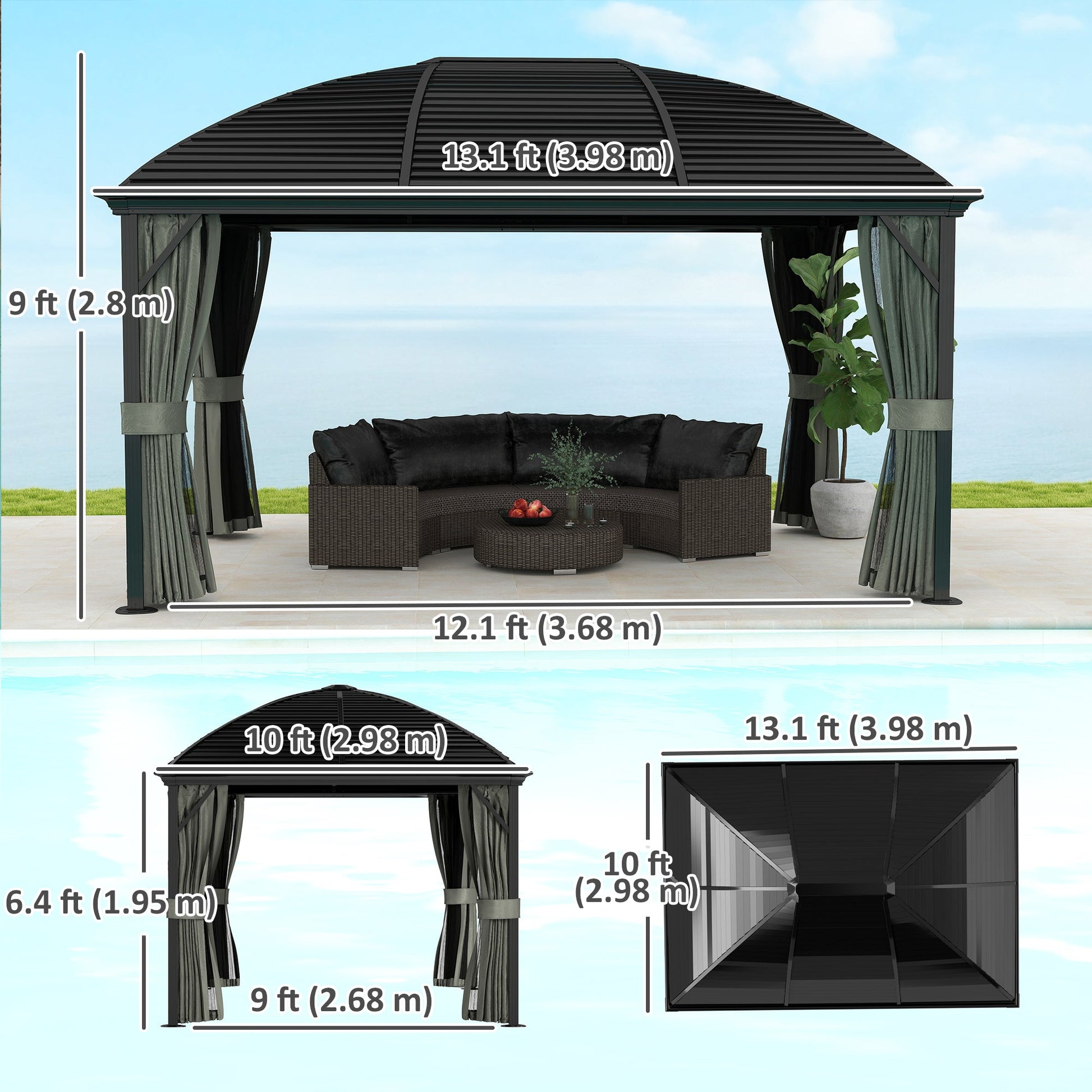 10' x 13' Hardtop Gazebo Canopy with Galvanized Steel Roof, Aluminum Permanent Pavilion Outdoor Gazebo with Top Hook, Netting and Curtains for Garden, Backyard, Dark Grey