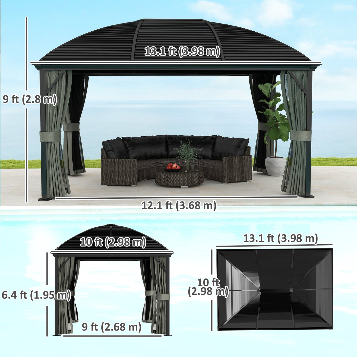 10' x 13' Hardtop Gazebo Canopy with Galvanized Steel Roof, Aluminum Permanent Pavilion Outdoor Gazebo with Top Hook, Netting and Curtains for Garden, Backyard, Dark Grey