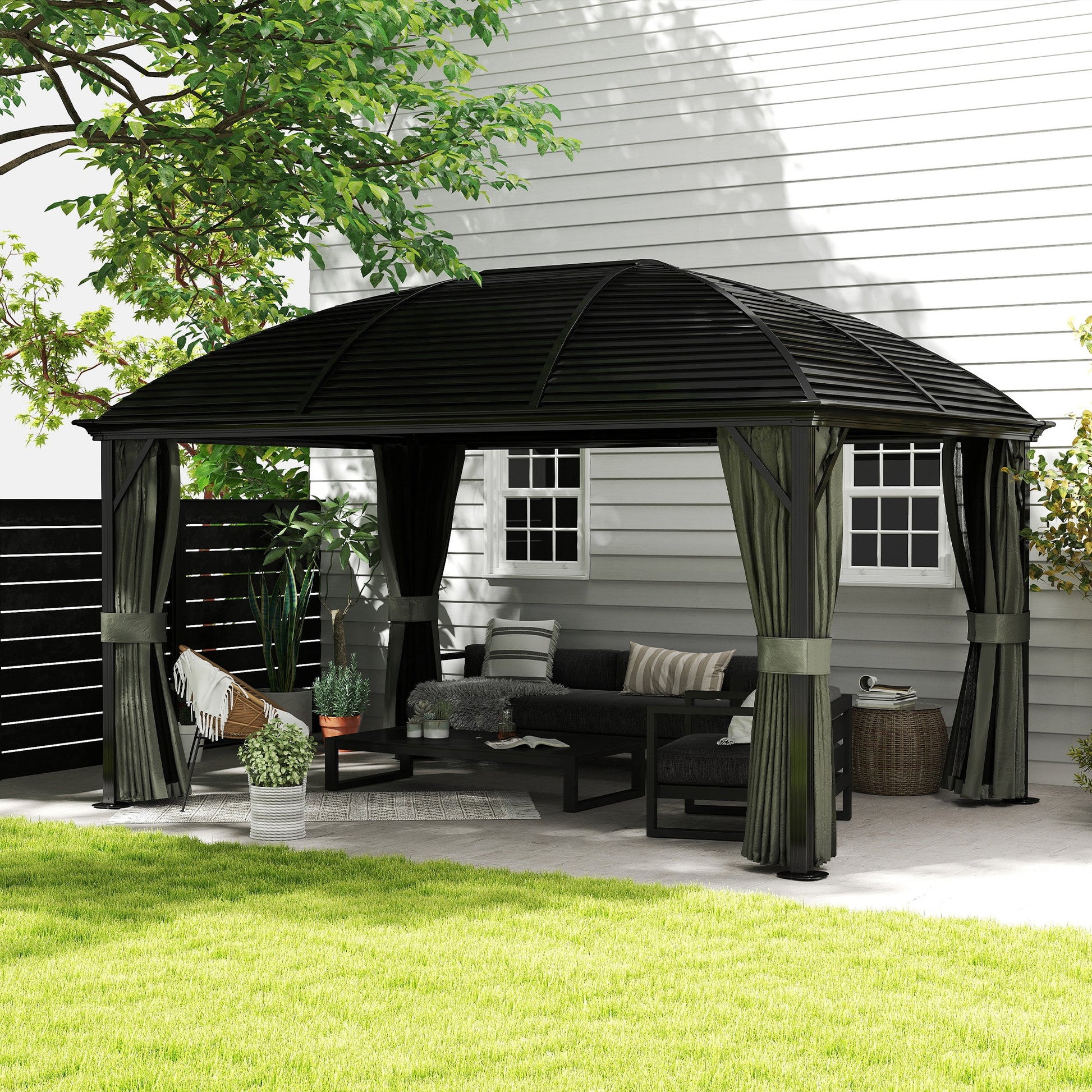 10' x 13' Hardtop Gazebo Canopy with Galvanized Steel Roof, Aluminum Permanent Pavilion Outdoor Gazebo with Top Hook, Netting and Curtains for Garden, Backyard, Dark Grey