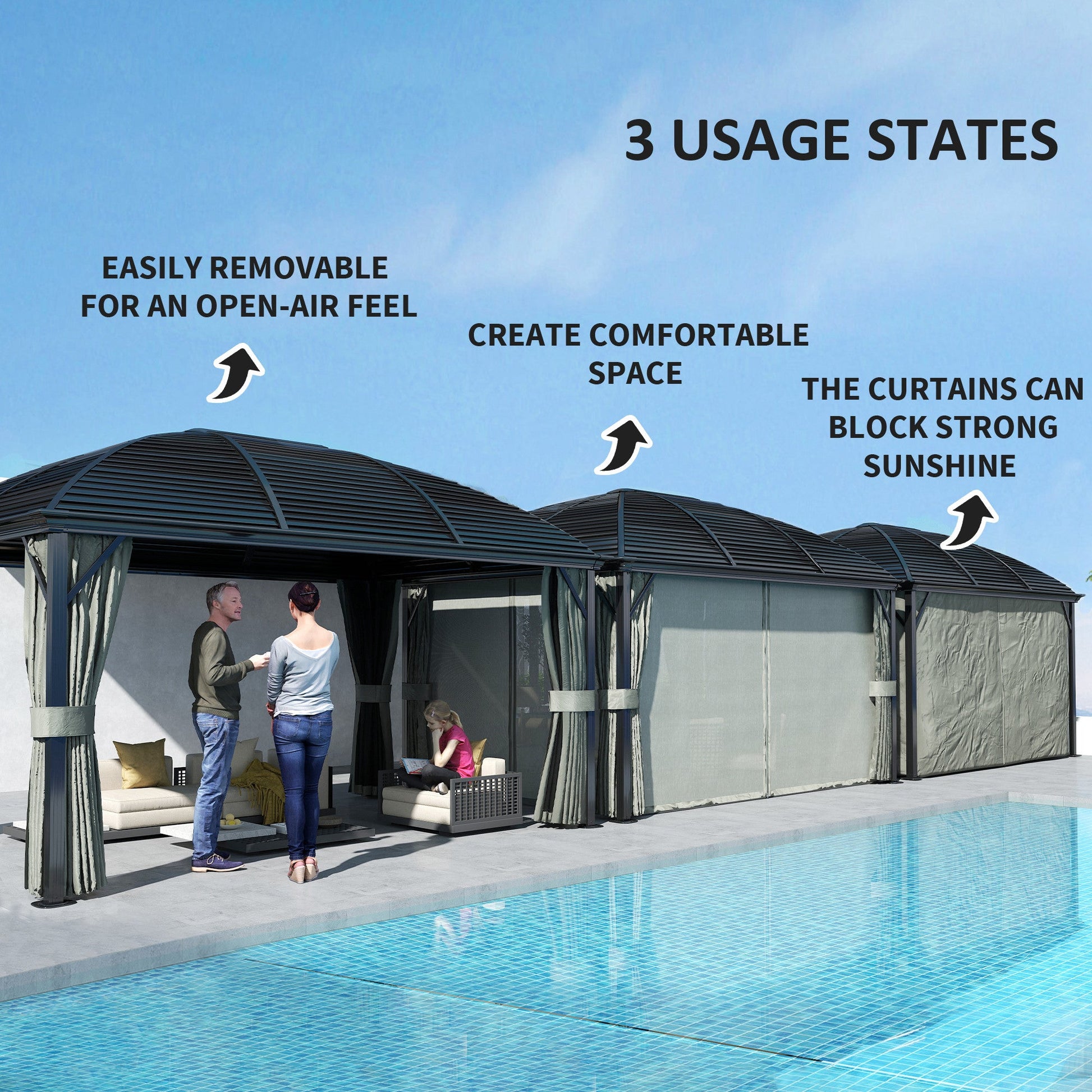 10' x 13' Hardtop Gazebo Canopy with Galvanized Steel Roof, Aluminum Permanent Pavilion Outdoor Gazebo with Top Hook, Netting and Curtains for Garden, Backyard, Dark Grey
