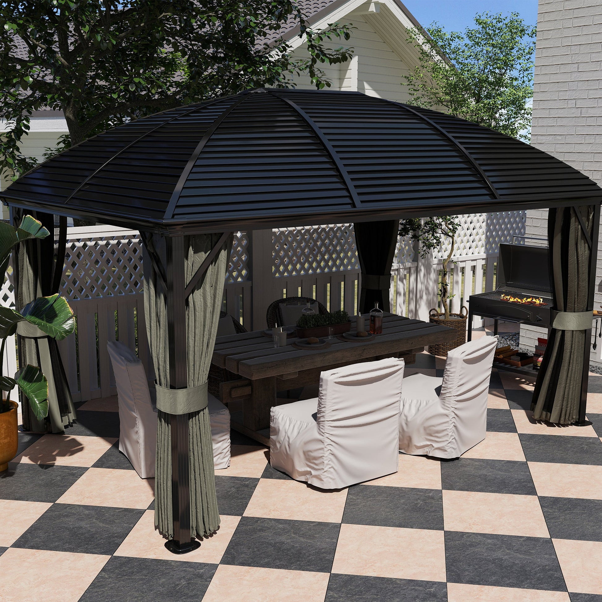 10' x 13' Hardtop Gazebo Canopy with Galvanized Steel Roof, Aluminum Permanent Pavilion Outdoor Gazebo with Top Hook, Netting and Curtains for Garden, Backyard, Dark Grey