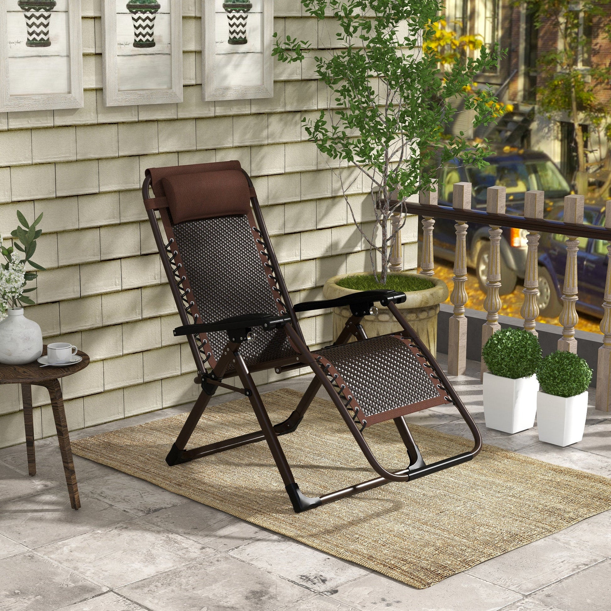 Outdoor Zero Gravity Chair, Folding PE Rarran Reclining Patio Lounge Chair with Recline Back, Headrest, Footrest, for Poolside, Garden, Brown
