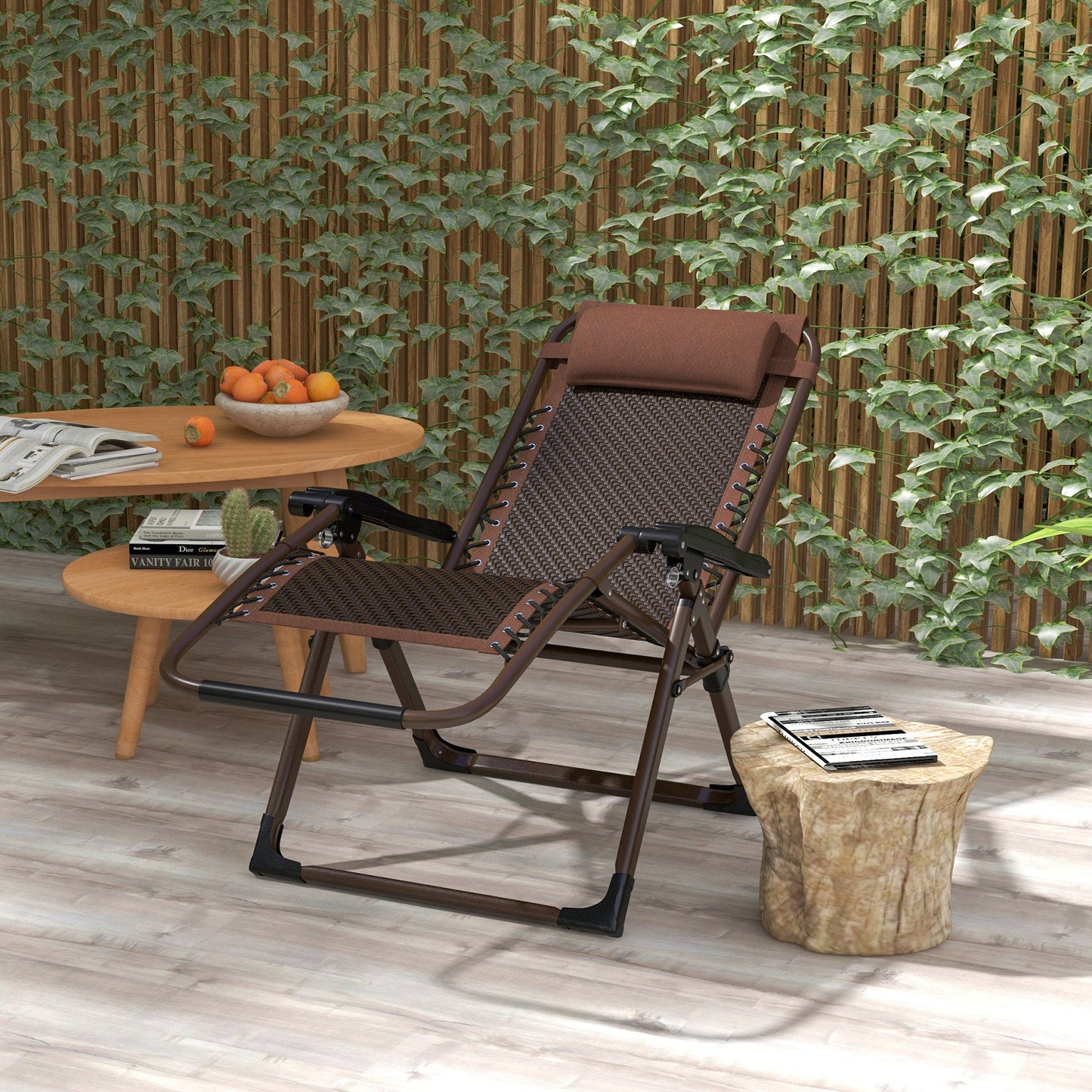 Outdoor Zero Gravity Chair, Folding PE Rarran Reclining Patio Lounge Chair with Recline Back, Headrest, Footrest, for Poolside, Garden, Brown