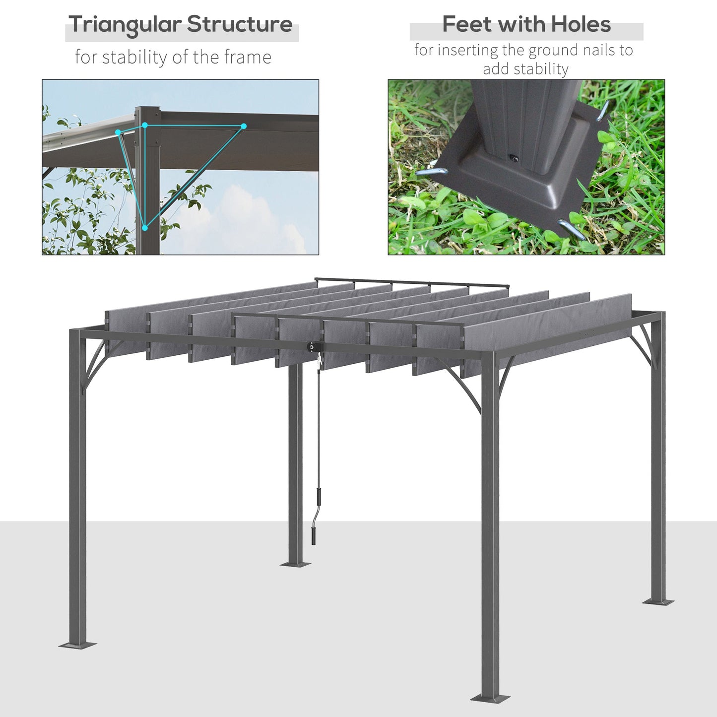 9.5' x 9.7' Outdoor Pergola with Retractable Roof, AluminIum Louvered Pergola Canopy, Patio Shelter with Ground Stakes for Patio, Lawn, Garden, Grey