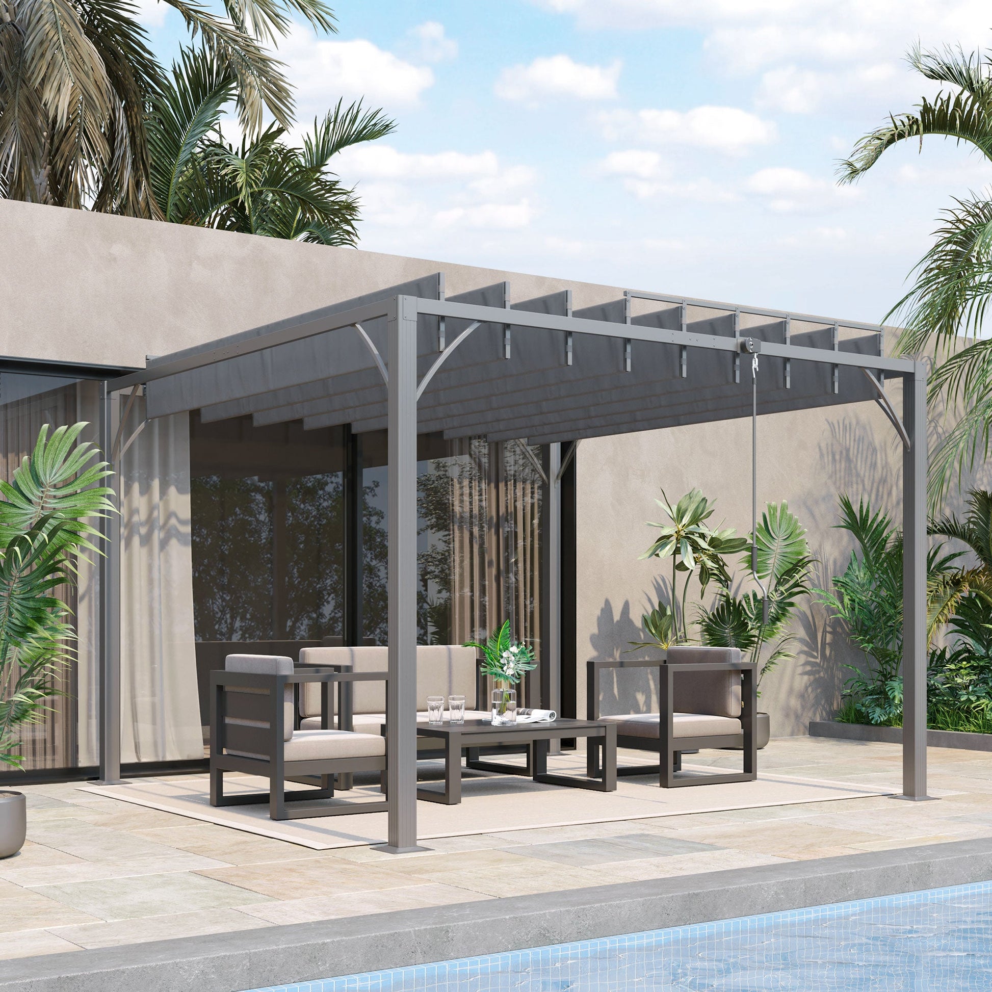 9.5' x 9.7' Outdoor Pergola with Retractable Roof, AluminIum Louvered Pergola Canopy, Patio Shelter with Ground Stakes for Patio, Lawn, Garden, Grey