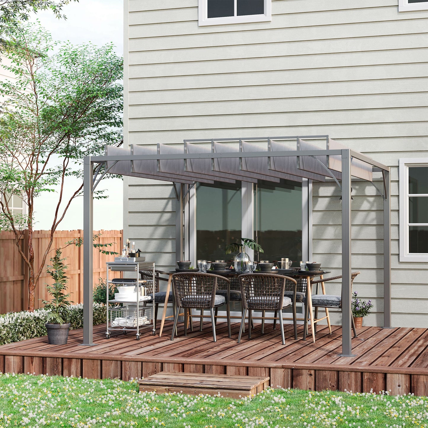 9.5' x 9.7' Outdoor Pergola with Retractable Roof, AluminIum Louvered Pergola Canopy, Patio Shelter with Ground Stakes for Patio, Lawn, Garden, Grey