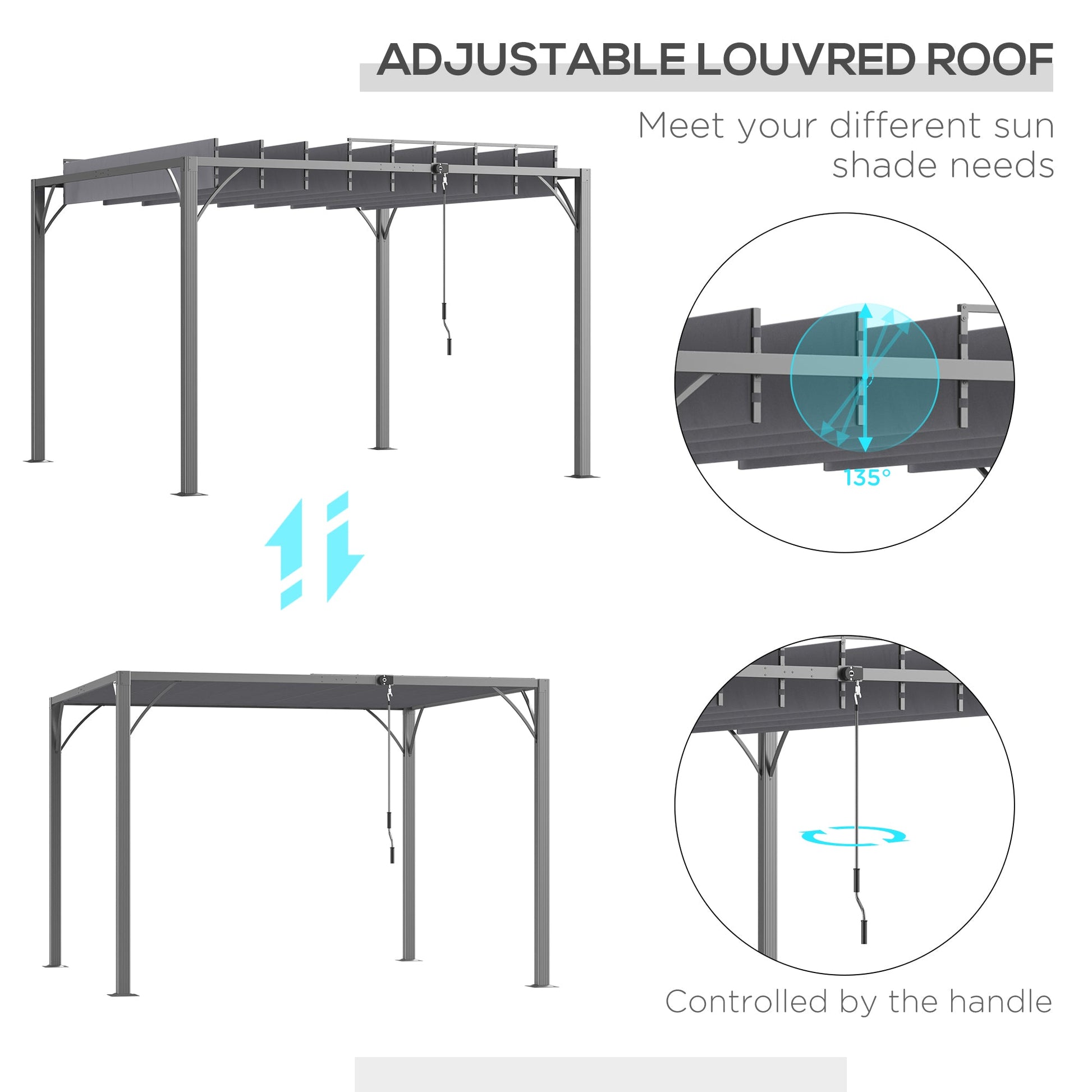 9.5' x 9.7' Outdoor Pergola with Retractable Roof, AluminIum Louvered Pergola Canopy, Patio Shelter with Ground Stakes for Patio, Lawn, Garden, Grey