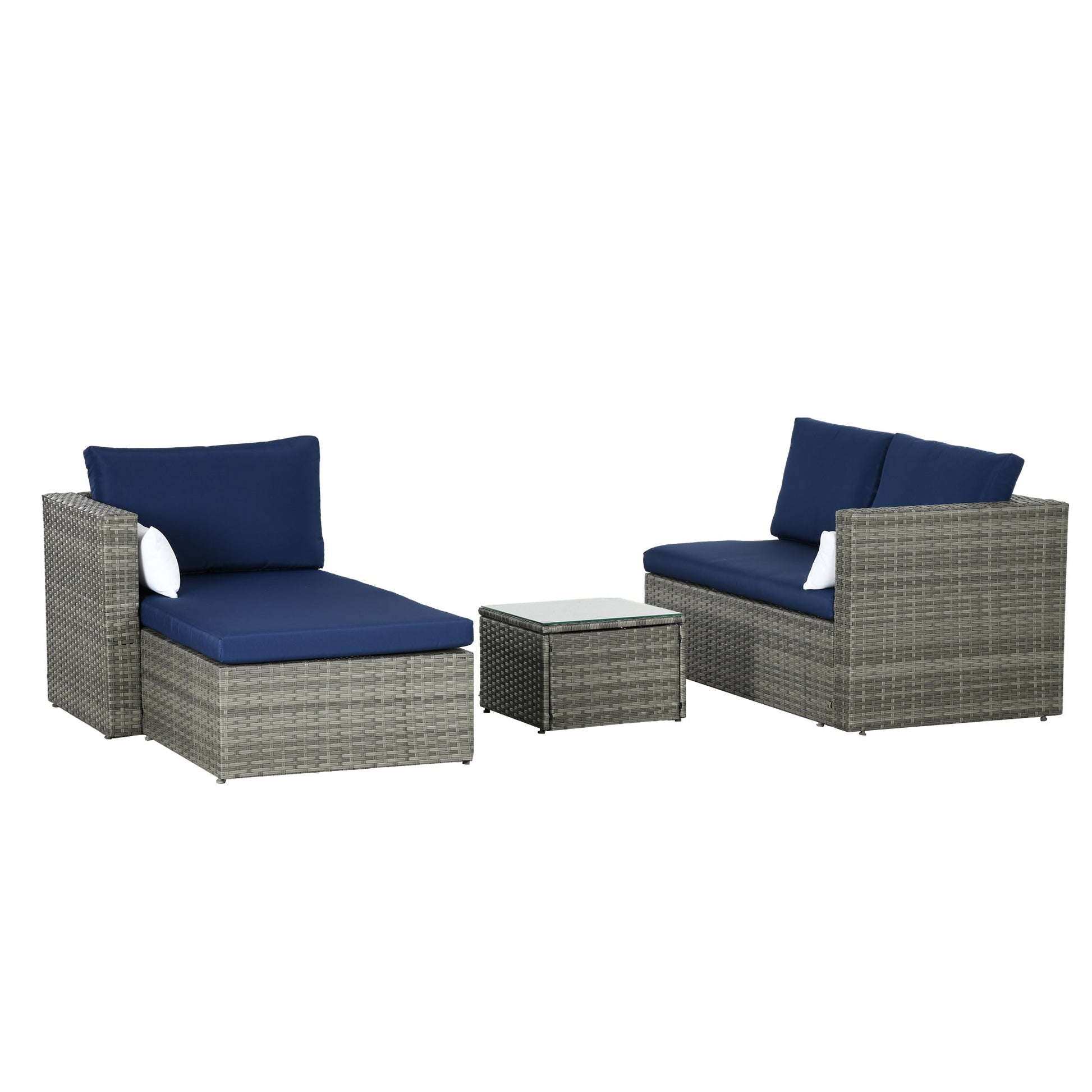 3-Piece Patio Furniture Set Modern Sectional Sofa Rattan Chair Wicker Conversation Set Outdoor Hand Woven Rattan Wicker Furniture Patio Coffee Table Sofa Set, Navy Blue