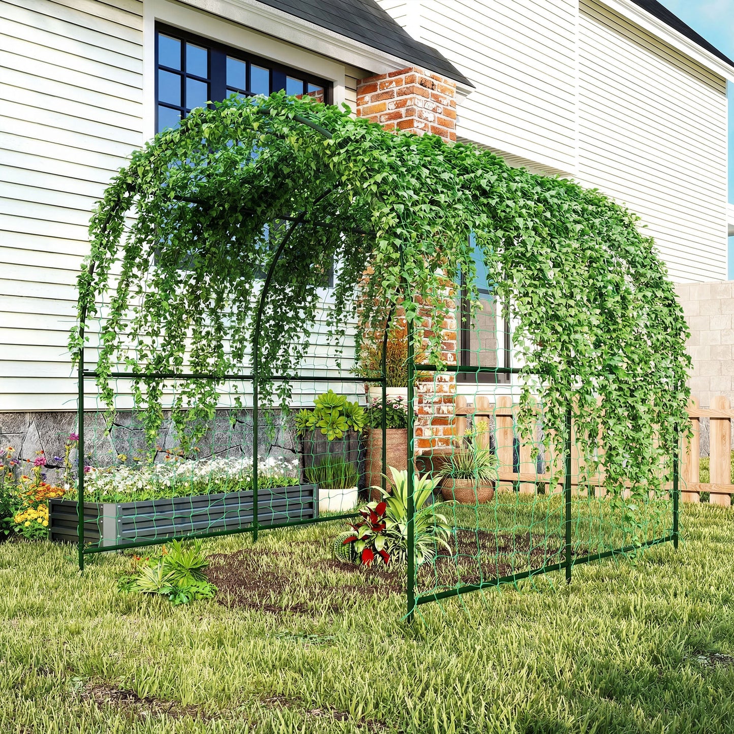 Garden Arch Trellis for Climbing Plants Outdoor, 7.1FT Tall Cucumber Trellis with Climbing Net, Metal Plant Support Archway for Backyard, Lawn, Party, Wedding, Ceremony