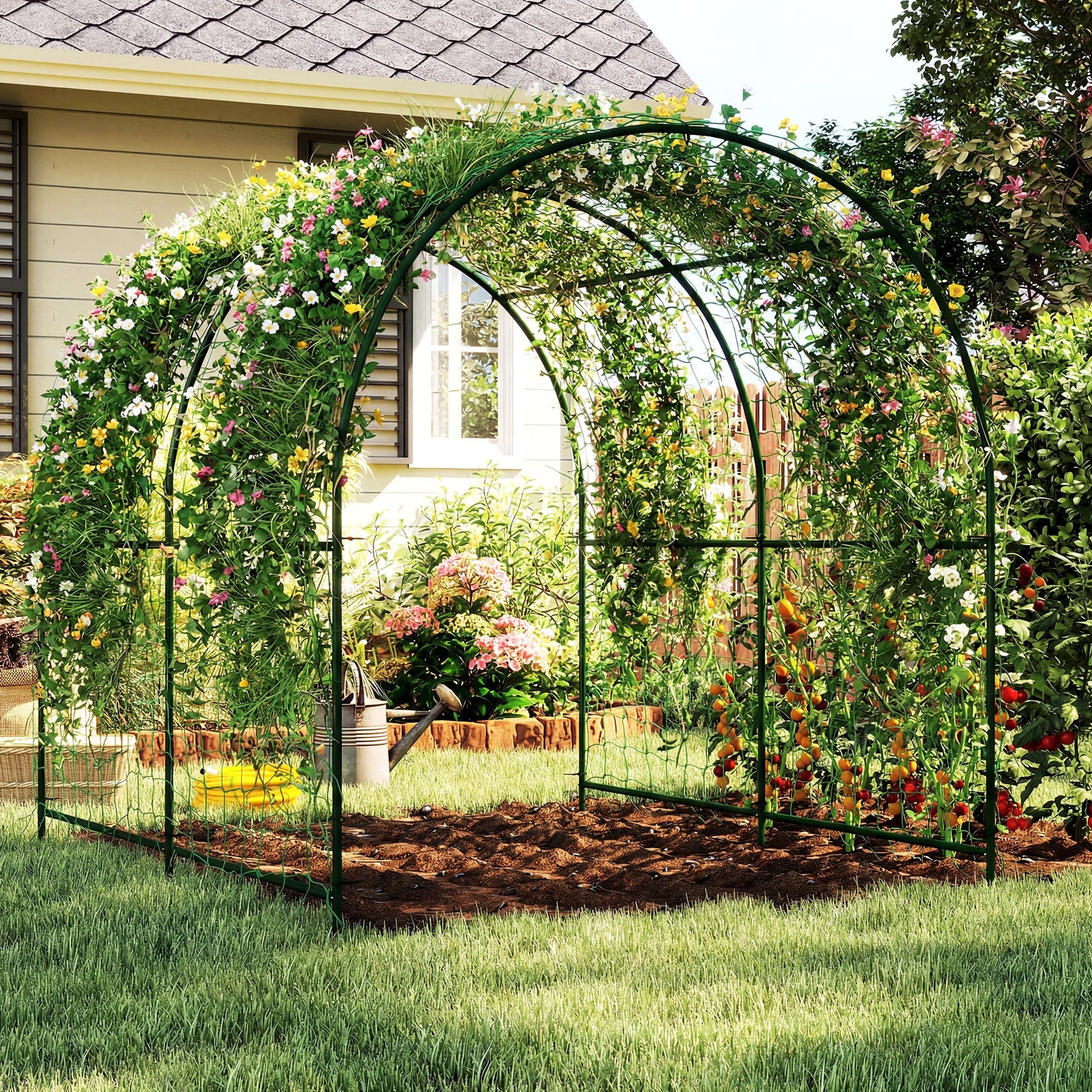 Garden Arch Trellis for Climbing Plants Outdoor, 7.1FT Tall Cucumber Trellis with Climbing Net, Metal Plant Support Archway for Backyard, Lawn, Party, Wedding, Ceremony