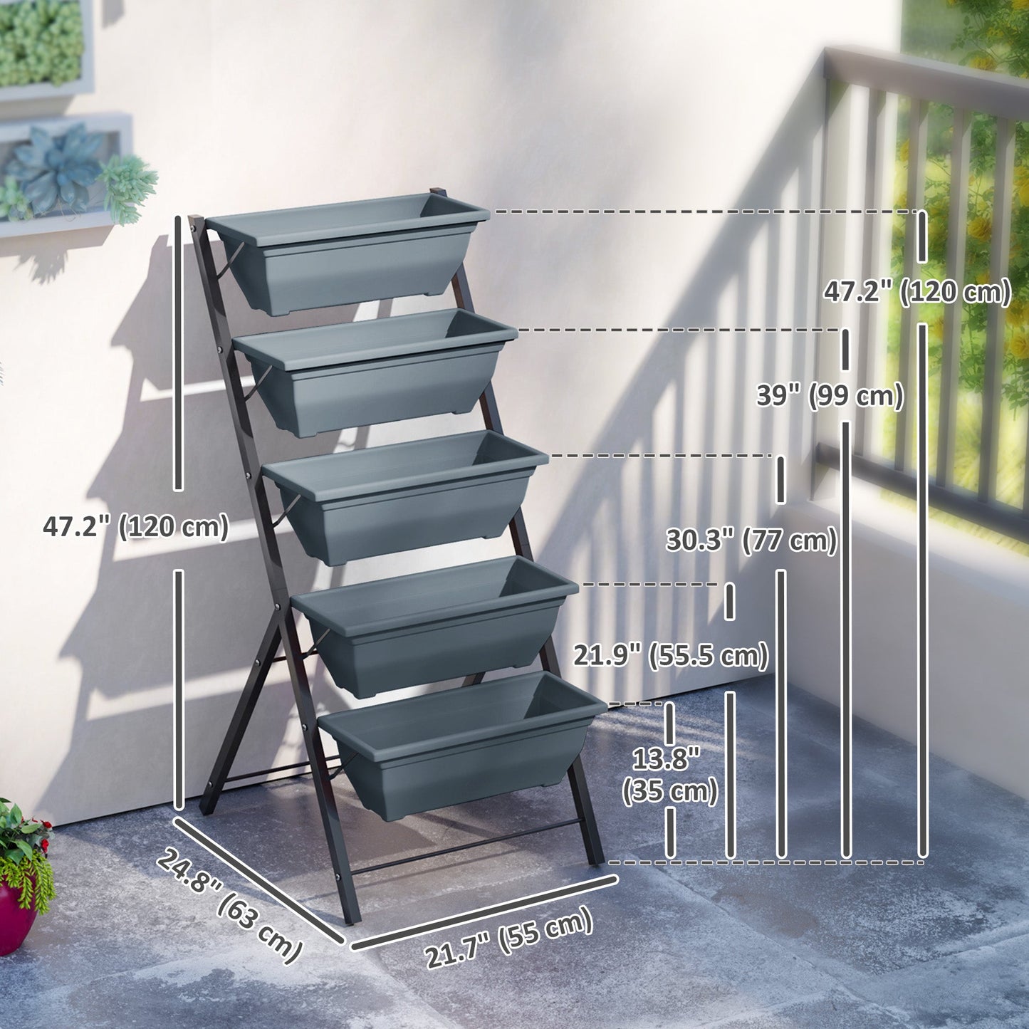 5-Tier Raised Garden Bed with 5 Planter Boxes, Outdoor Plant Stand Grow Containers with Leaking Holes for Balcony Patio Outdoor, Grey