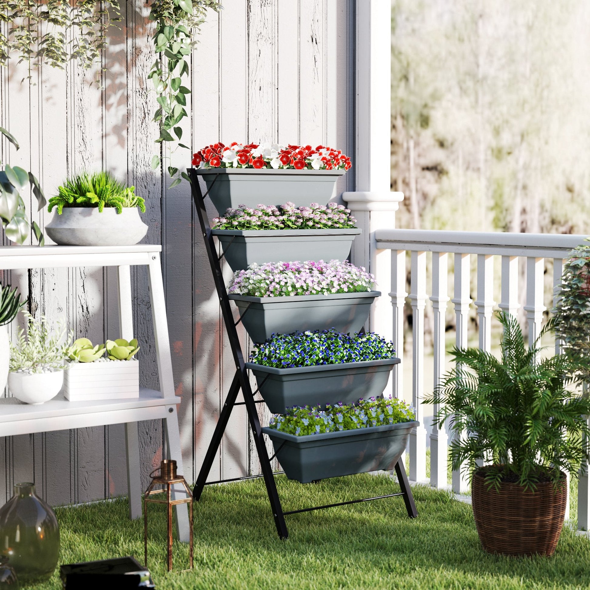 5-Tier Raised Garden Bed with 5 Planter Boxes, Outdoor Plant Stand Grow Containers with Leaking Holes for Balcony Patio Outdoor, Grey
