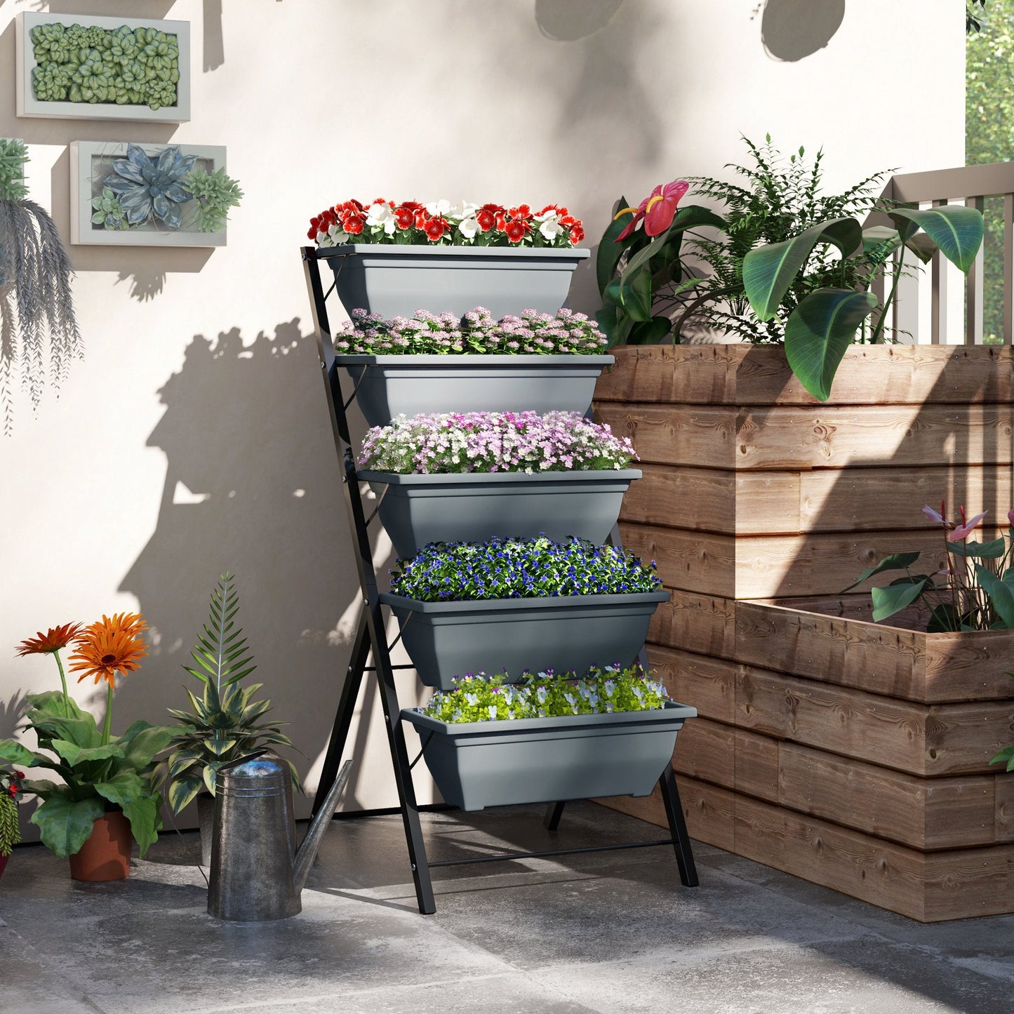 5-Tier Raised Garden Bed with 5 Planter Boxes, Outdoor Plant Stand Grow Containers with Leaking Holes for Balcony Patio Outdoor, Grey