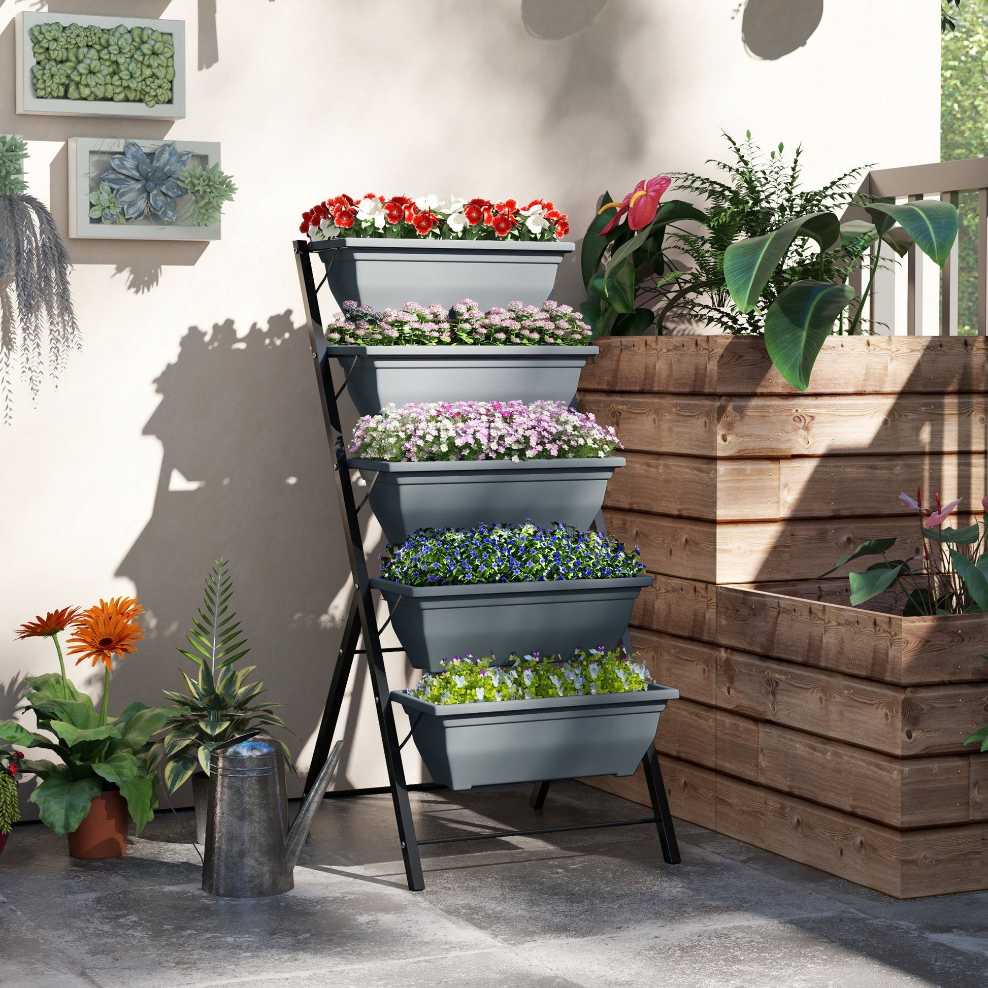 5-Tier Raised Garden Bed with 5 Planter Boxes, Outdoor Plant Stand Grow Containers with Leaking Holes for Balcony Patio Outdoor, Grey