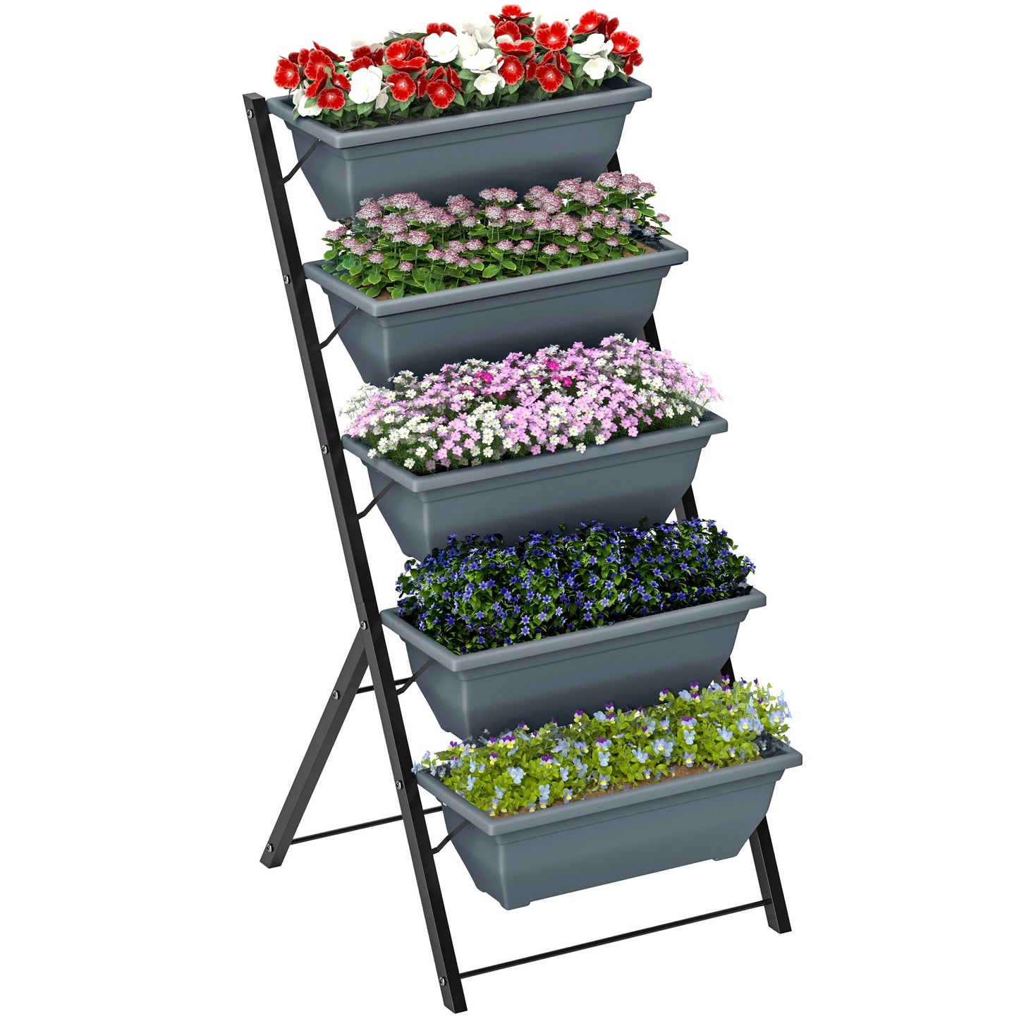 5-Tier Raised Garden Bed with 5 Planter Boxes, Outdoor Plant Stand Grow Containers with Leaking Holes for Balcony Patio Outdoor, Grey