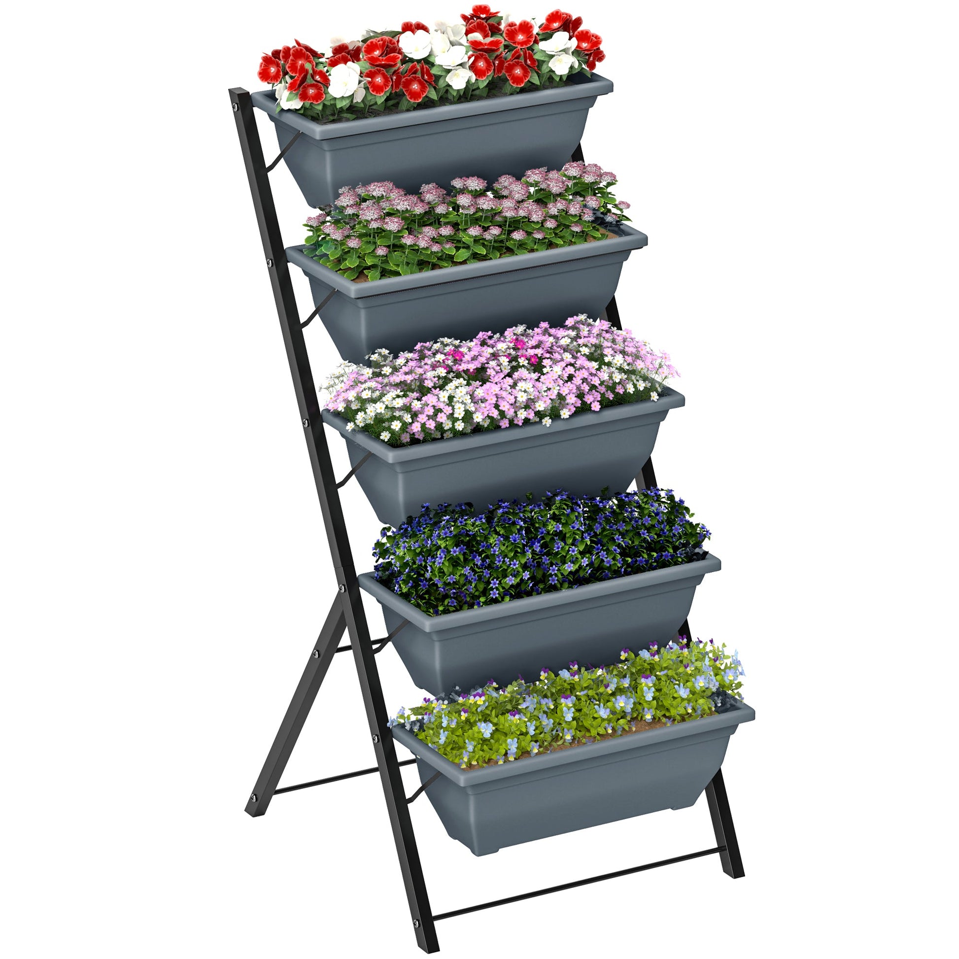 5-Tier Raised Garden Bed with 5 Planter Boxes, Outdoor Plant Stand Grow Containers with Leaking Holes for Balcony Patio Outdoor, Grey