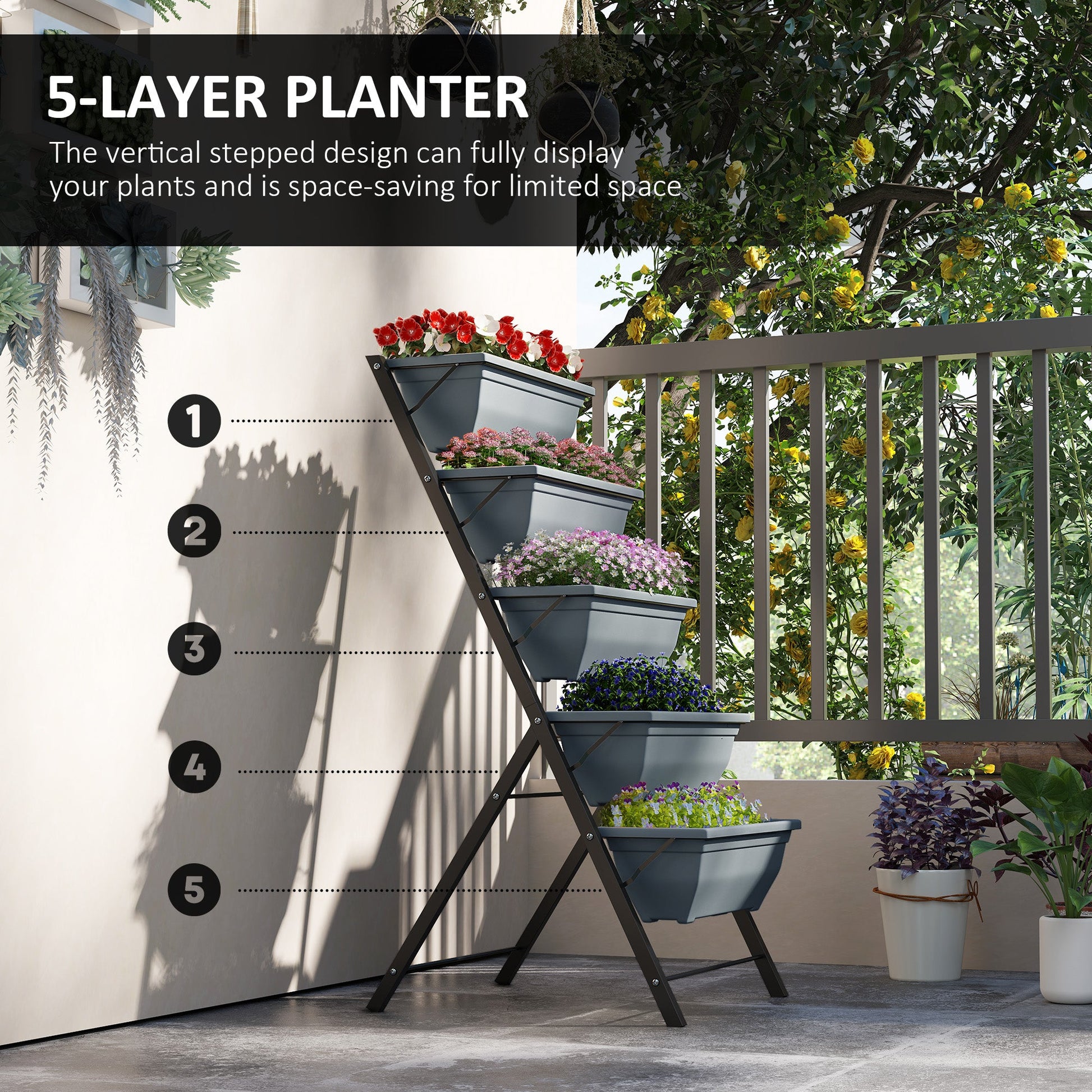 5-Tier Raised Garden Bed with 5 Planter Boxes, Outdoor Plant Stand Grow Containers with Leaking Holes for Balcony Patio Outdoor, Grey