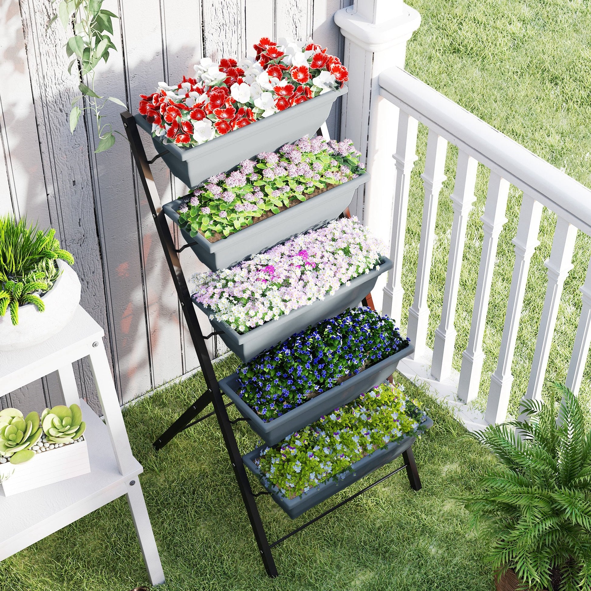 5-Tier Raised Garden Bed with 5 Planter Boxes, Outdoor Plant Stand Grow Containers with Leaking Holes for Balcony Patio Outdoor, Grey