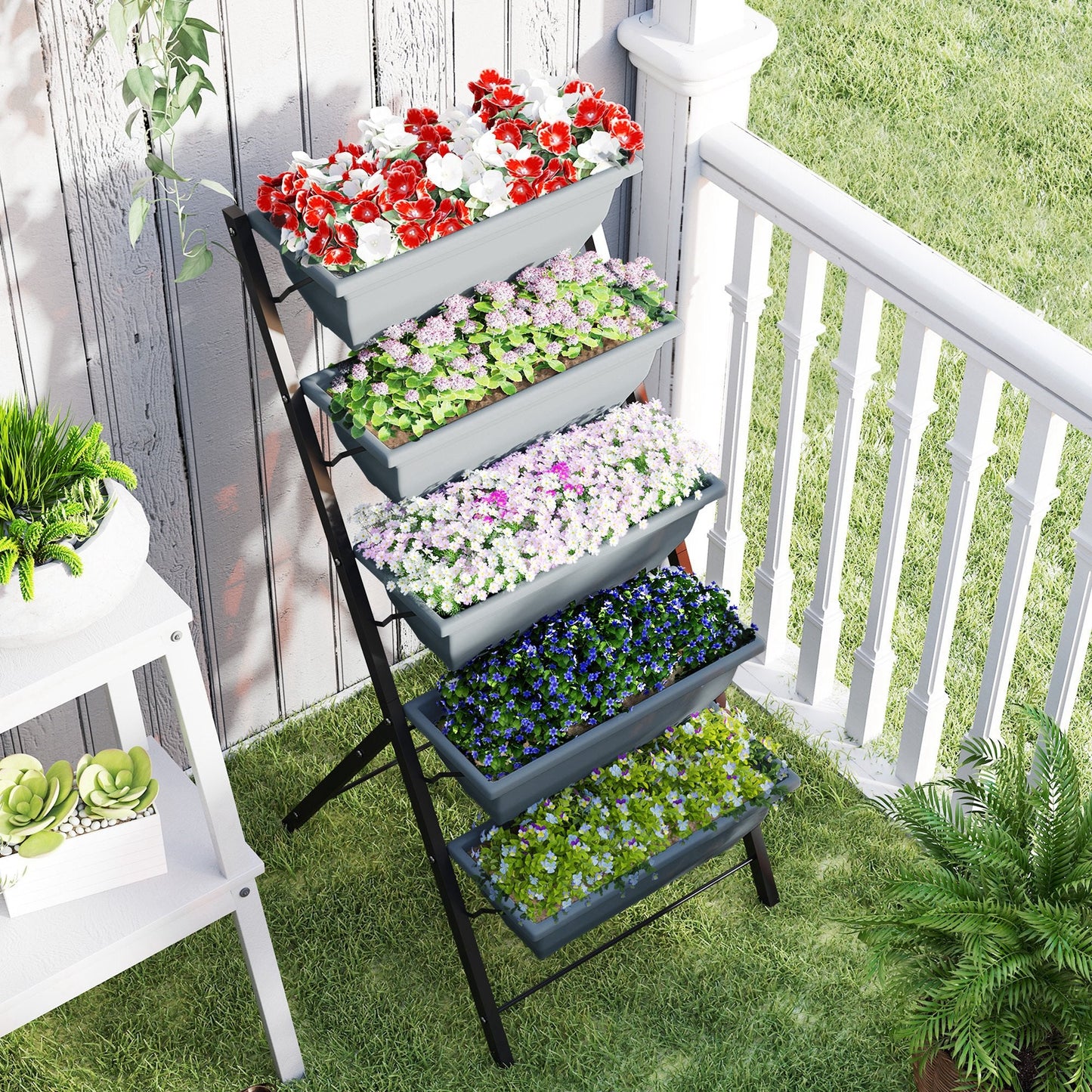 5-Tier Raised Garden Bed with 5 Planter Boxes, Outdoor Plant Stand Grow Containers with Leaking Holes for Balcony Patio Outdoor, Grey