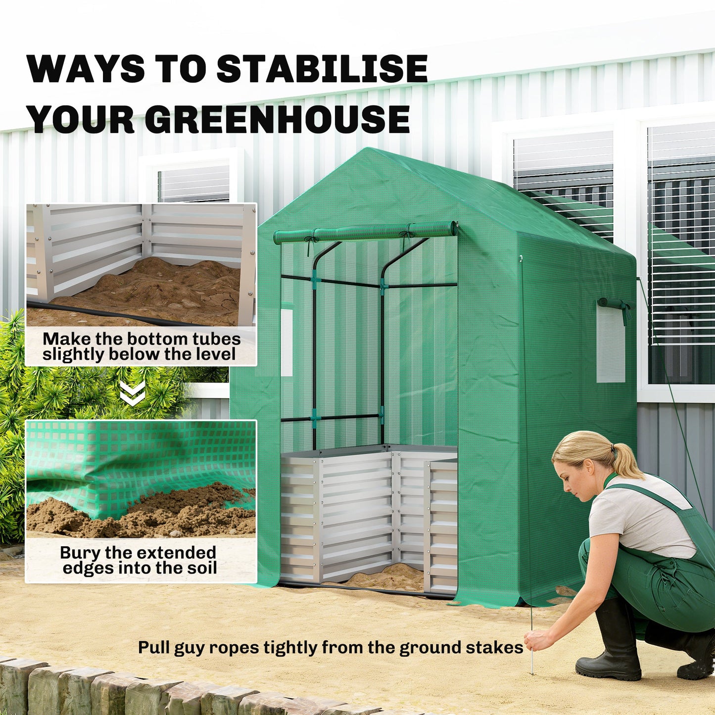 Greenhouse with Raised Garden Bed, 56" x 56" x 75" Galvanized Metal Planter Box with PE Cover, Roll Up Door and Windows, Outdoor Greenhouse for Flowers Vegetables, Green