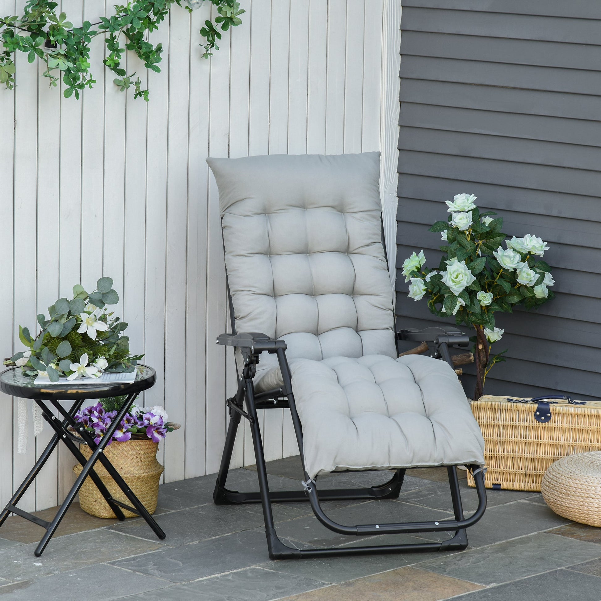 Reclining Zero Gravity Chair with Adjustable Backrest, Folding Garden Sun Lounger with Removable Cushion and Headrest, Light Grey