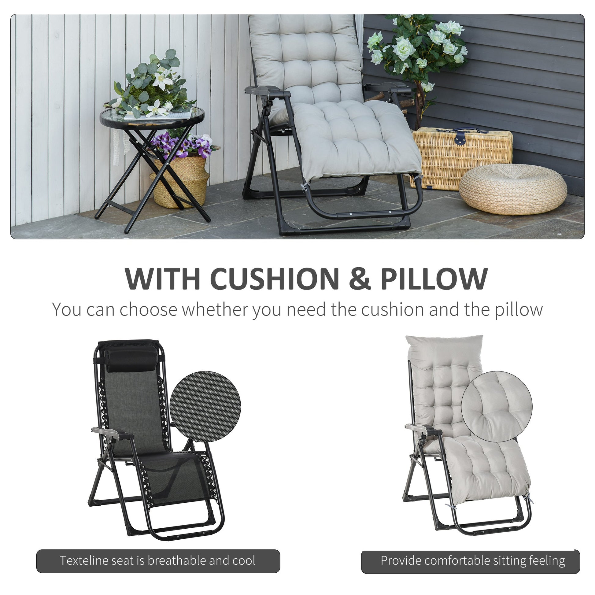 Reclining Zero Gravity Chair with Adjustable Backrest, Folding Garden Sun Lounger with Removable Cushion and Headrest, Light Grey