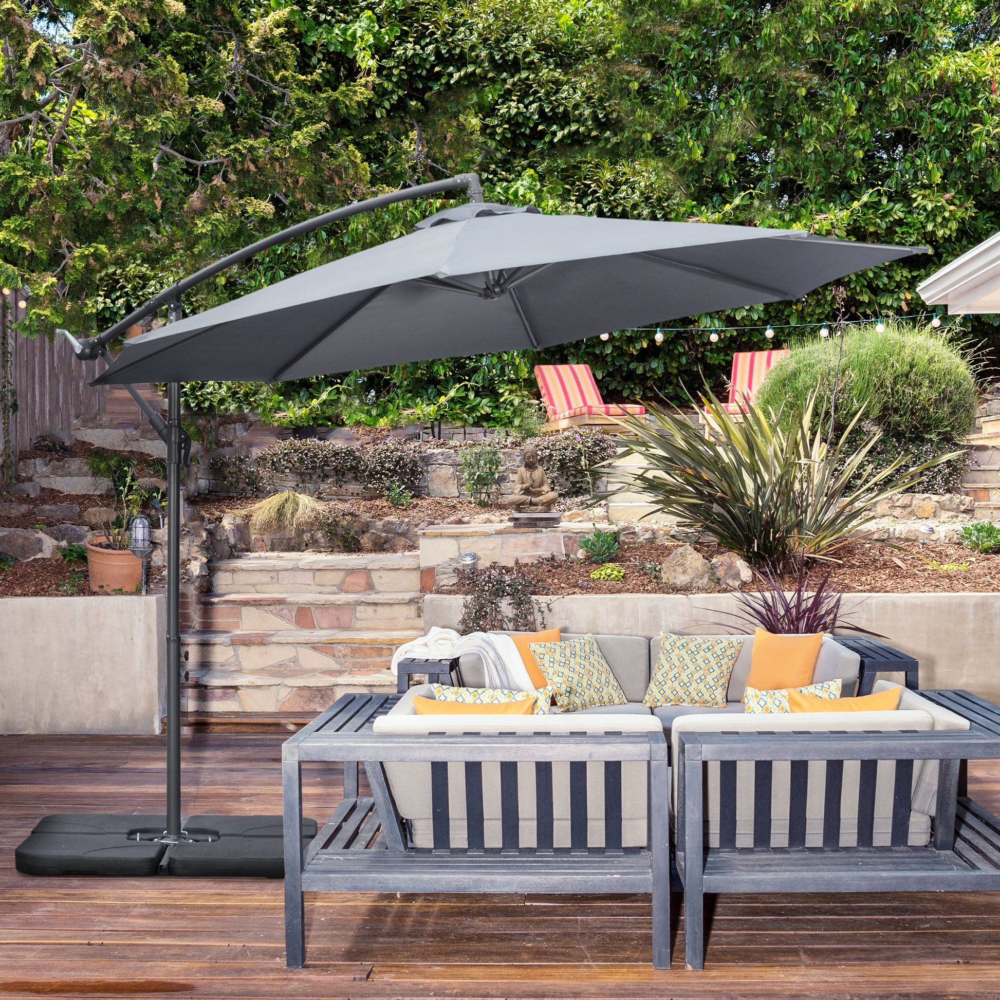 9.6ft Offset Patio Umbrella with Base, Garden Hanging Parasol with Crank, Banana Cantilever Umbrella Sun Shade, Dark Grey