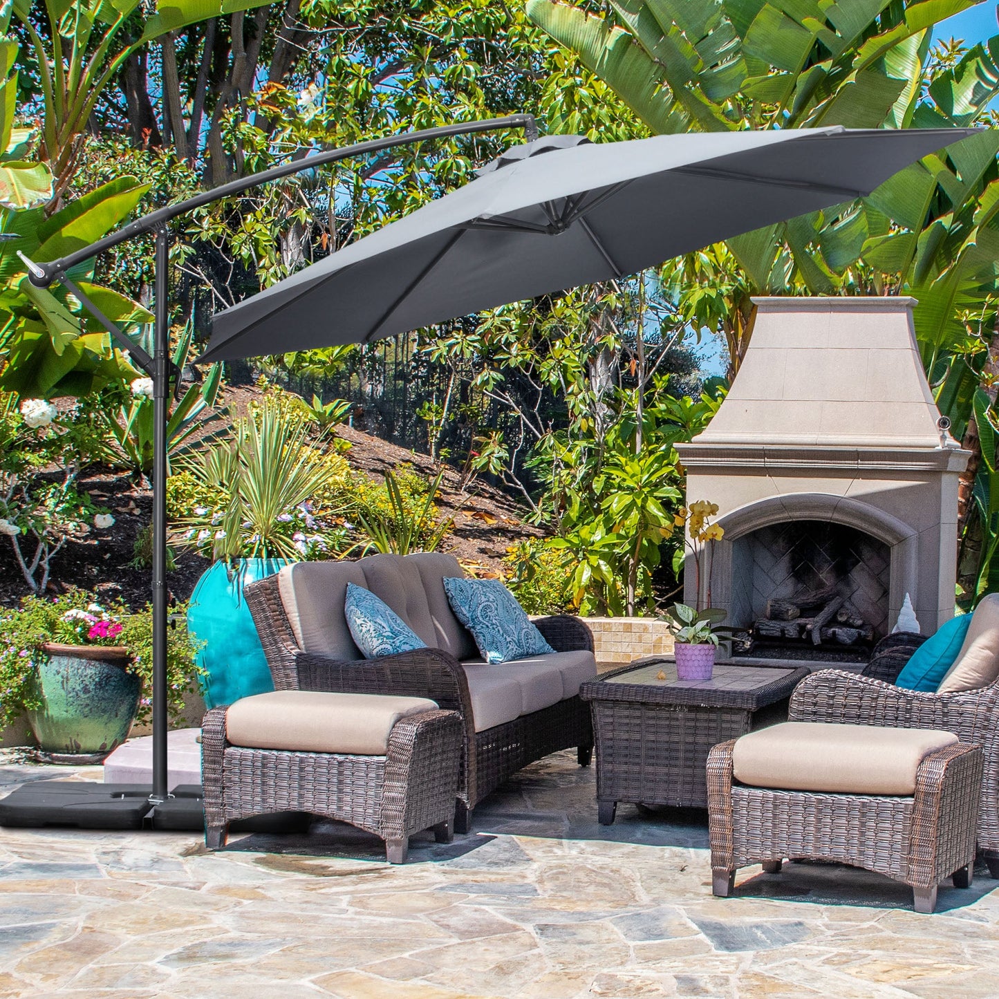 9.6ft Offset Patio Umbrella with Base, Garden Hanging Parasol with Crank, Banana Cantilever Umbrella Sun Shade, Dark Grey