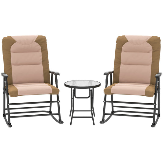 3pc Patio Foldable Rocking Chair Set, Outdoor Rocking Chairs and Table Bistro Set w/ Padded Seat, Headrest, Backrest for Park, Backyard, Garden, Light Brown