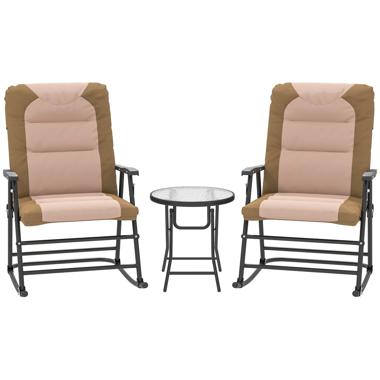 3pc Patio Foldable Rocking Chair Set, Outdoor Rocking Chairs and Table Bistro Set w/ Padded Seat, Headrest, Backrest for Park, Backyard, Garden, Light Brown