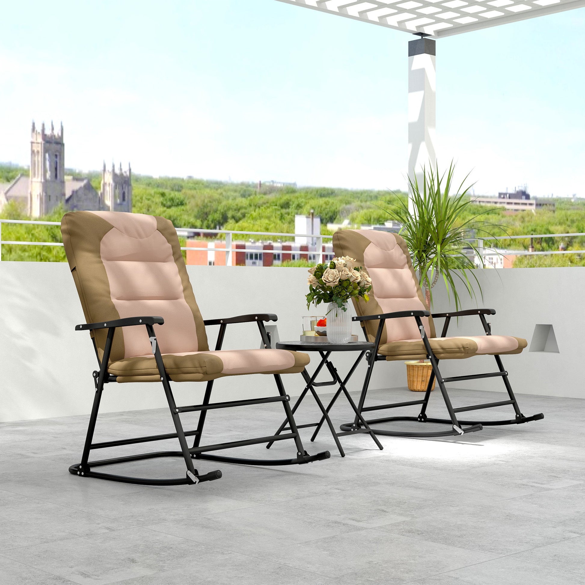 3pc Patio Foldable Rocking Chair Set, Outdoor Rocking Chairs and Table Bistro Set w/ Padded Seat, Headrest, Backrest for Park, Backyard, Garden, Light Brown