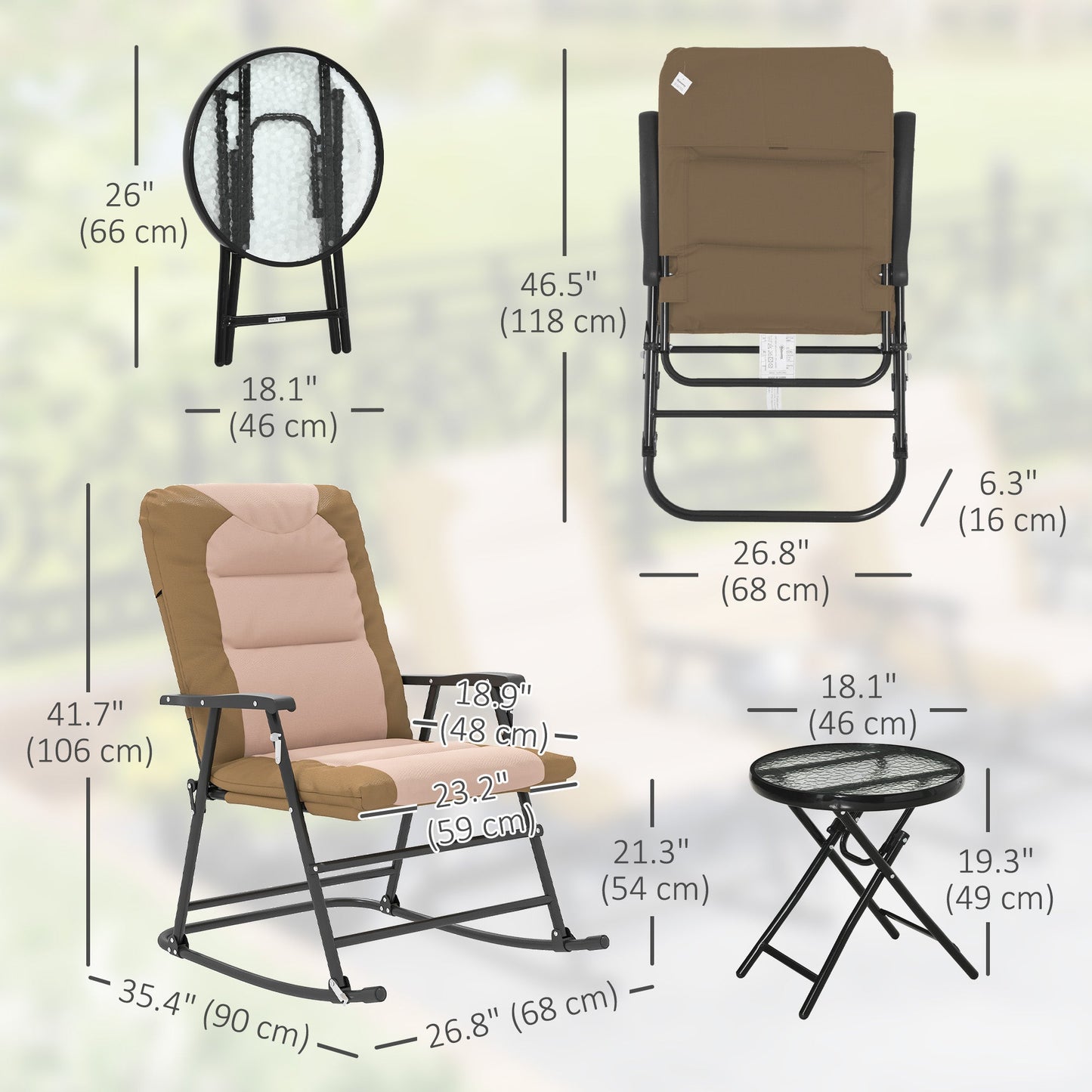 3pc Patio Foldable Rocking Chair Set, Outdoor Rocking Chairs and Table Bistro Set w/ Padded Seat, Headrest, Backrest for Park, Backyard, Garden, Light Brown
